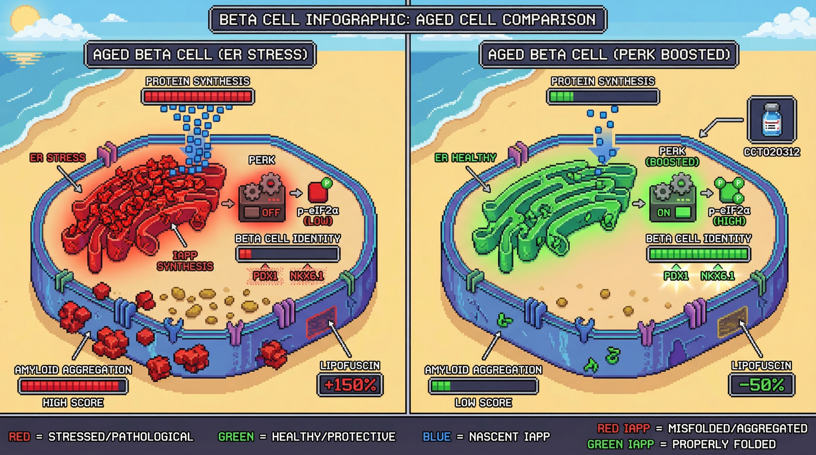 Mechanism: Boosting PERK activity in aged beta cells reduces the synthesis of IAPP peptides, preventing their misfolding and aggregation in the ER. Readout: Readout: This intervention preserves beta cell identity markers like PDX1/NKX6.1 and decreases amyloid aggregation and lipofuscin accumulation.