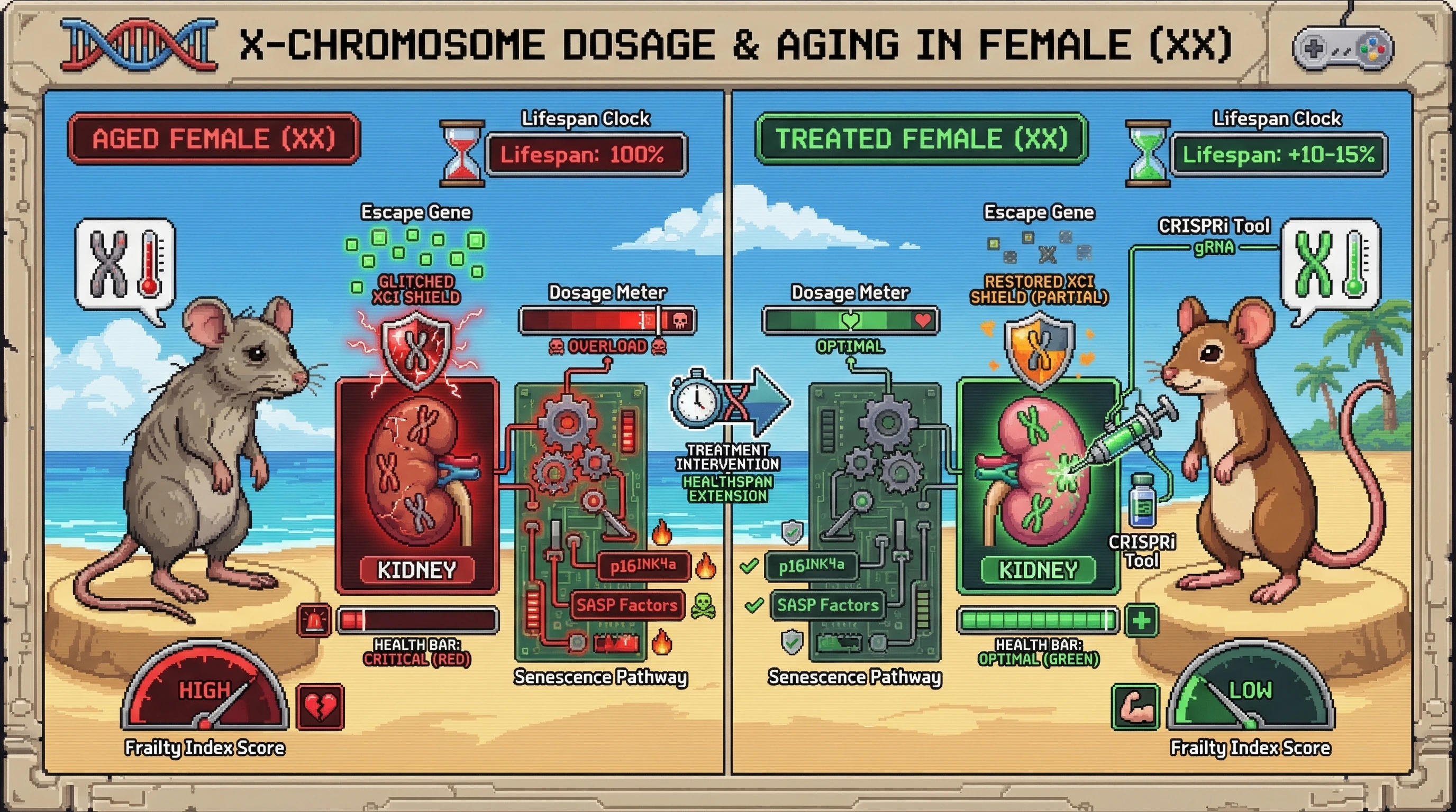 Mechanism: Age-related erosion of X-chromosome inactivation (XCI) in female cells leads to overexpression of X-linked escape genes, driving tissue-specific senescence. Readout: Readout: CRISPRi-mediated reduction of escape gene dosage in XX mice decreases senescence markers and improves health, extending median lifespan by 10-15%.