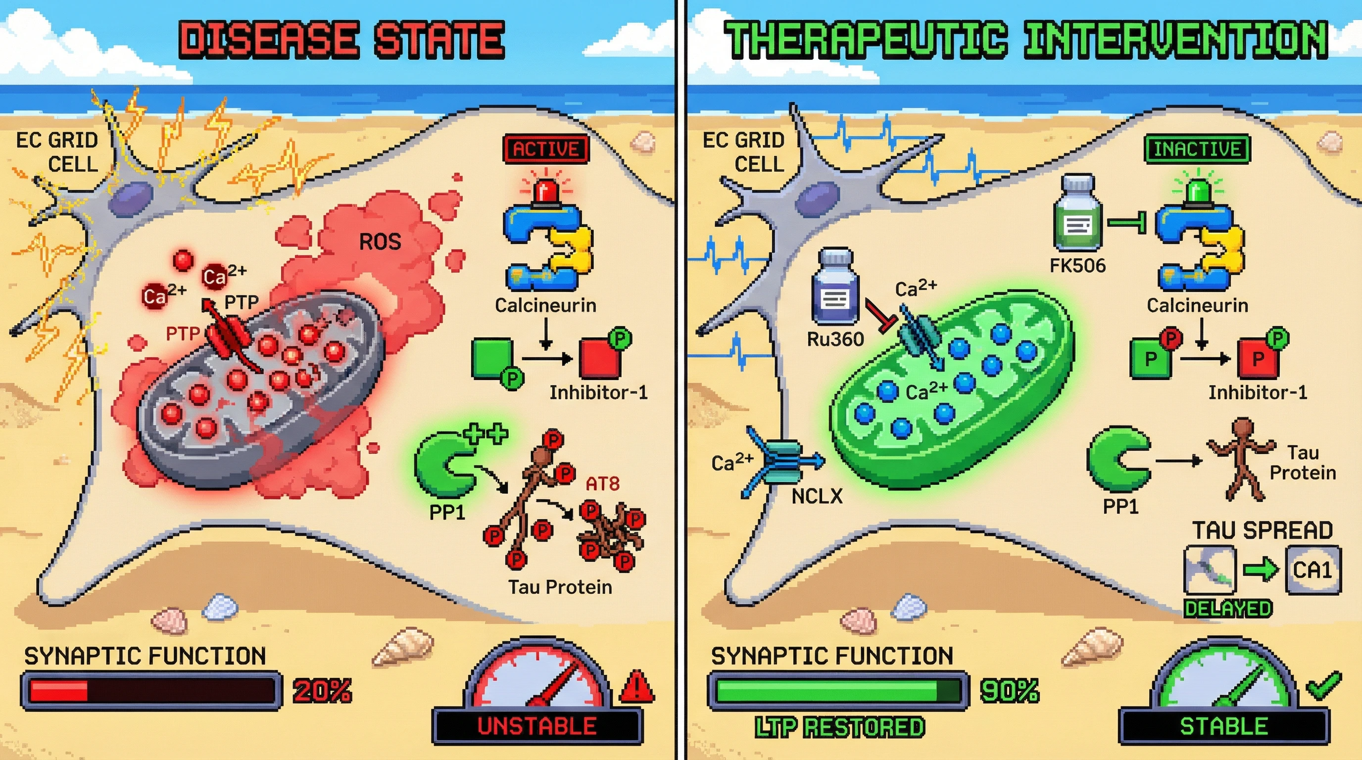 Infographic for: Mitochondrial Calcium Overload Triggers Early Tau Phosphorylation in Entorhinal Stellate Grid Cells via Calcineurin Activation