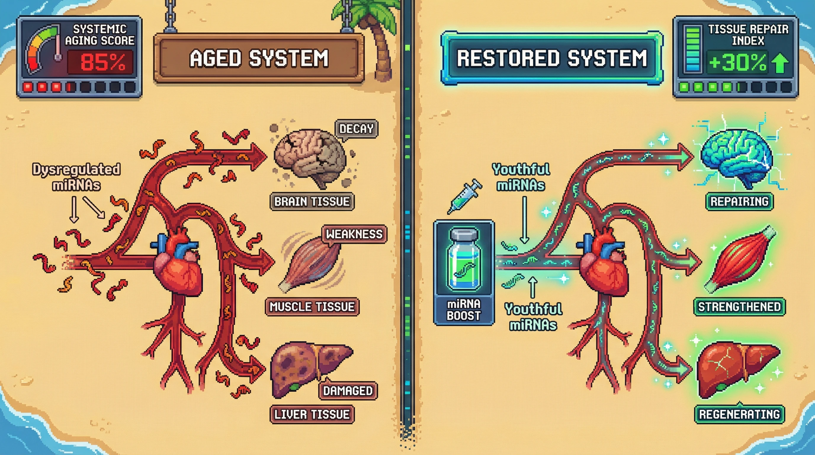 This infographic illustrates how dysregulated circulating miRNAs contribute to systemic aging, and how restoring youthful miRNA profiles could reprogram tissues towards repair and regeneration, as indicated by improved tissue health metrics.