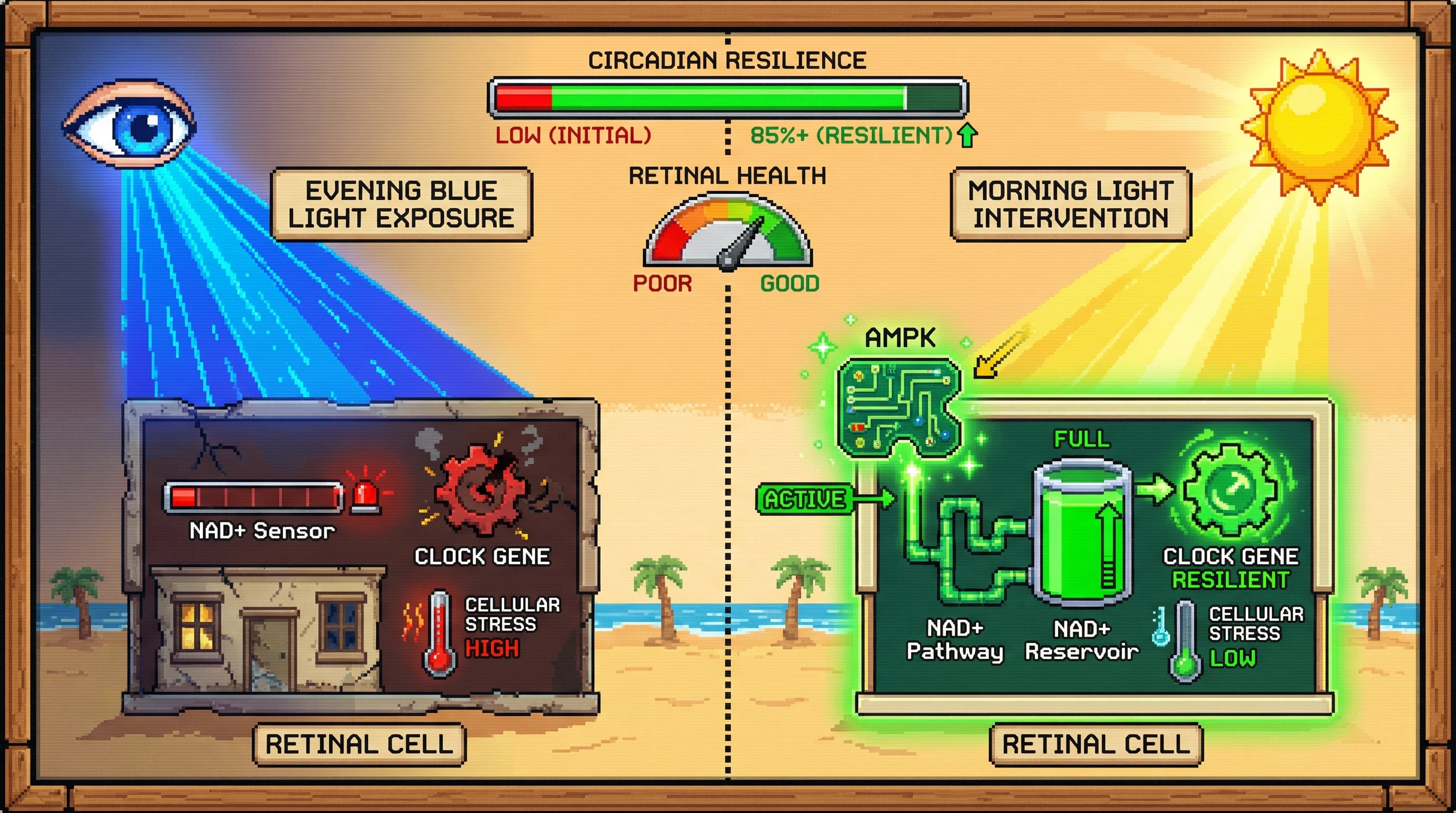 Infographic for: Morning Light Triggers Retinal AMPK‑NAD+ Signaling to Fortify Circadian Resilience Against Evening Blue Light