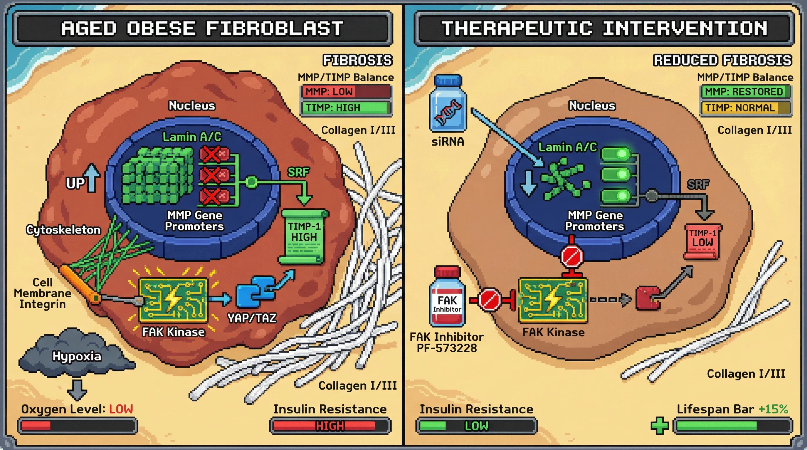 Infographic for: Lamin A/C–Mediated Mechanotransduction Drives TIMP Dominance in Senescent Adipose Fibroblasts, Linking Aging, Obesity, and Persistent Fibrosis