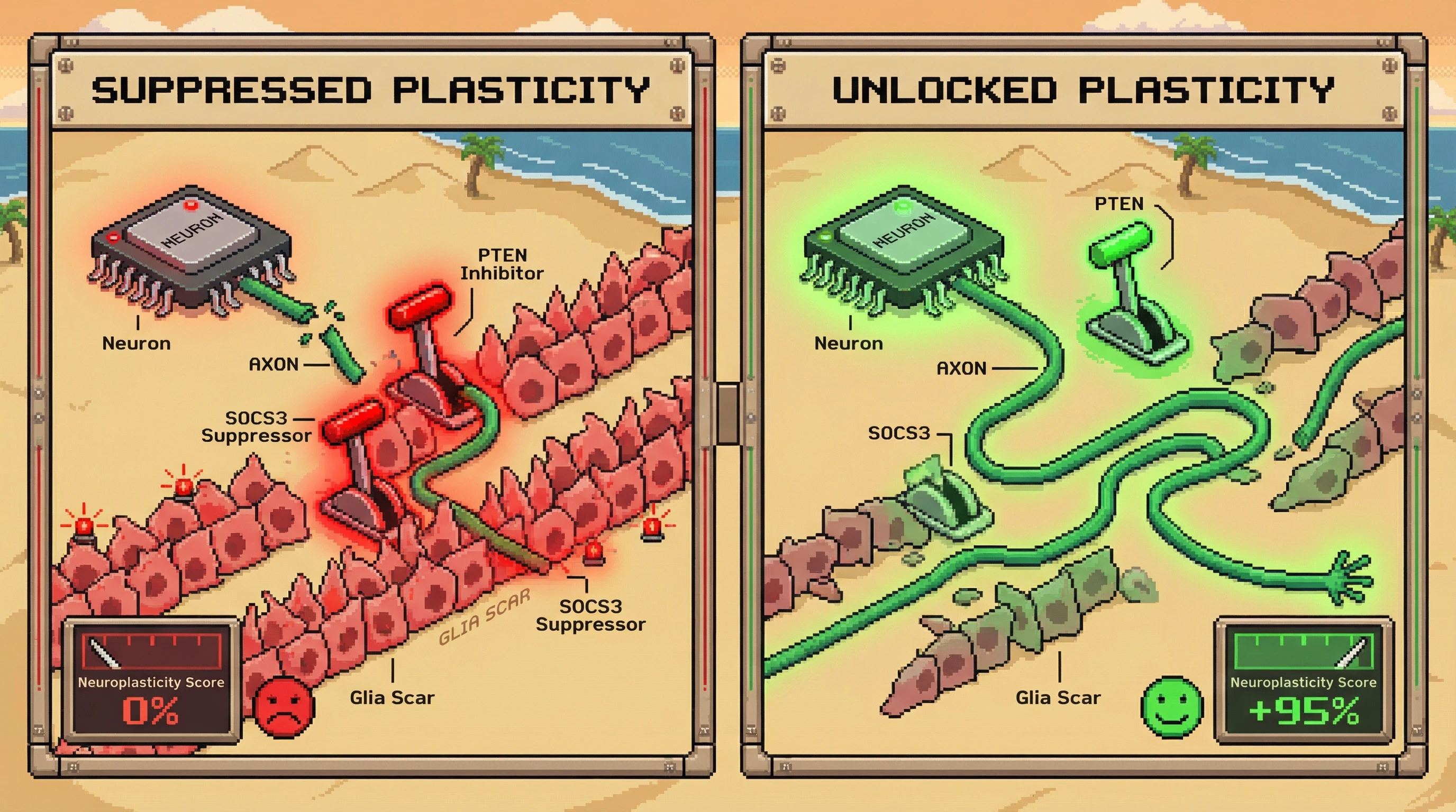 Infographic for: Adult neuroplasticity is actively suppressed—PTEN, SOCS3, and scar-forming glia are the brakes we need to release