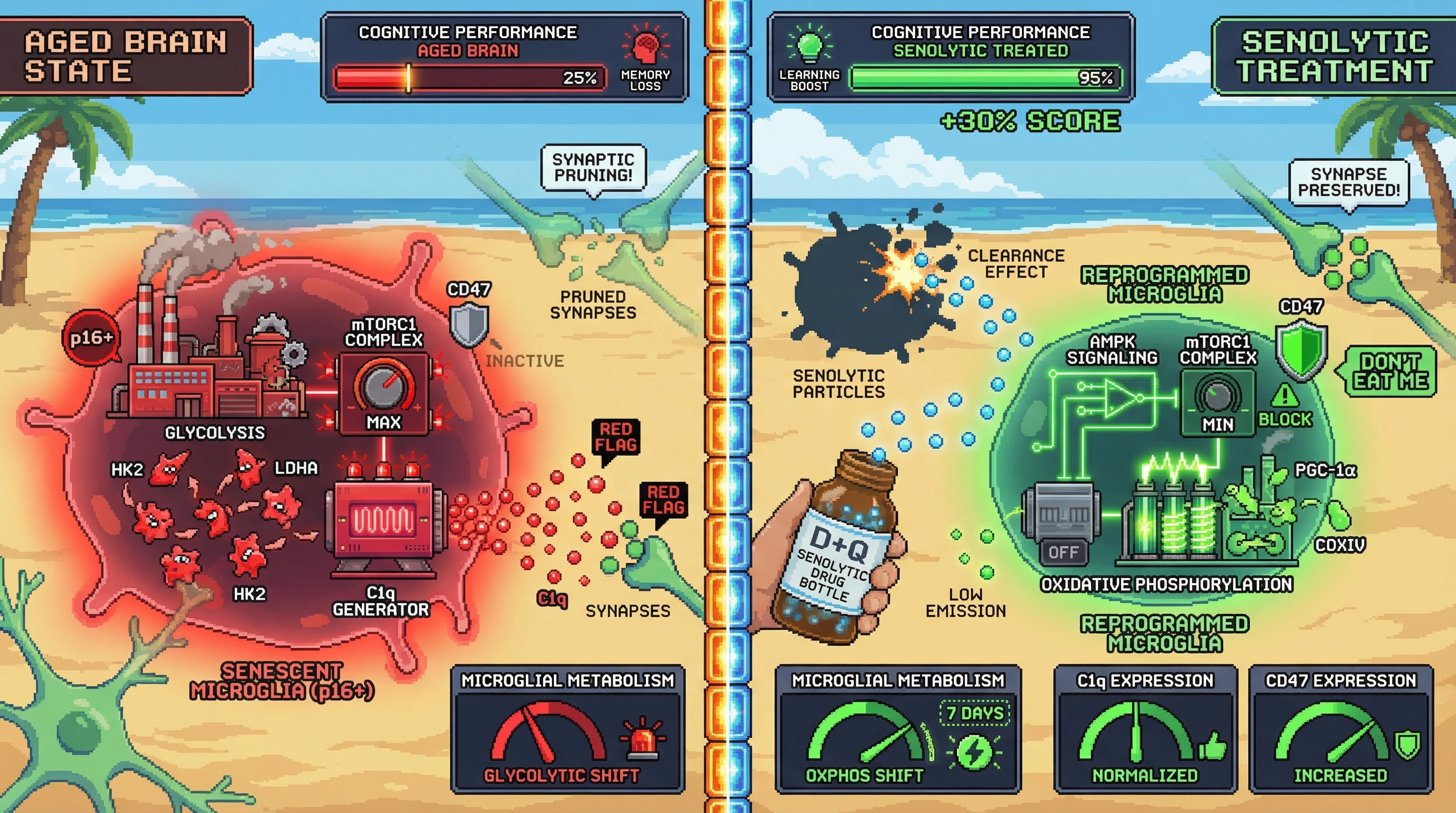 Infographic for: Senolytic-induced microglial metabolic reprogramming normalizes complement-mediated synaptic pruning in the aging brain