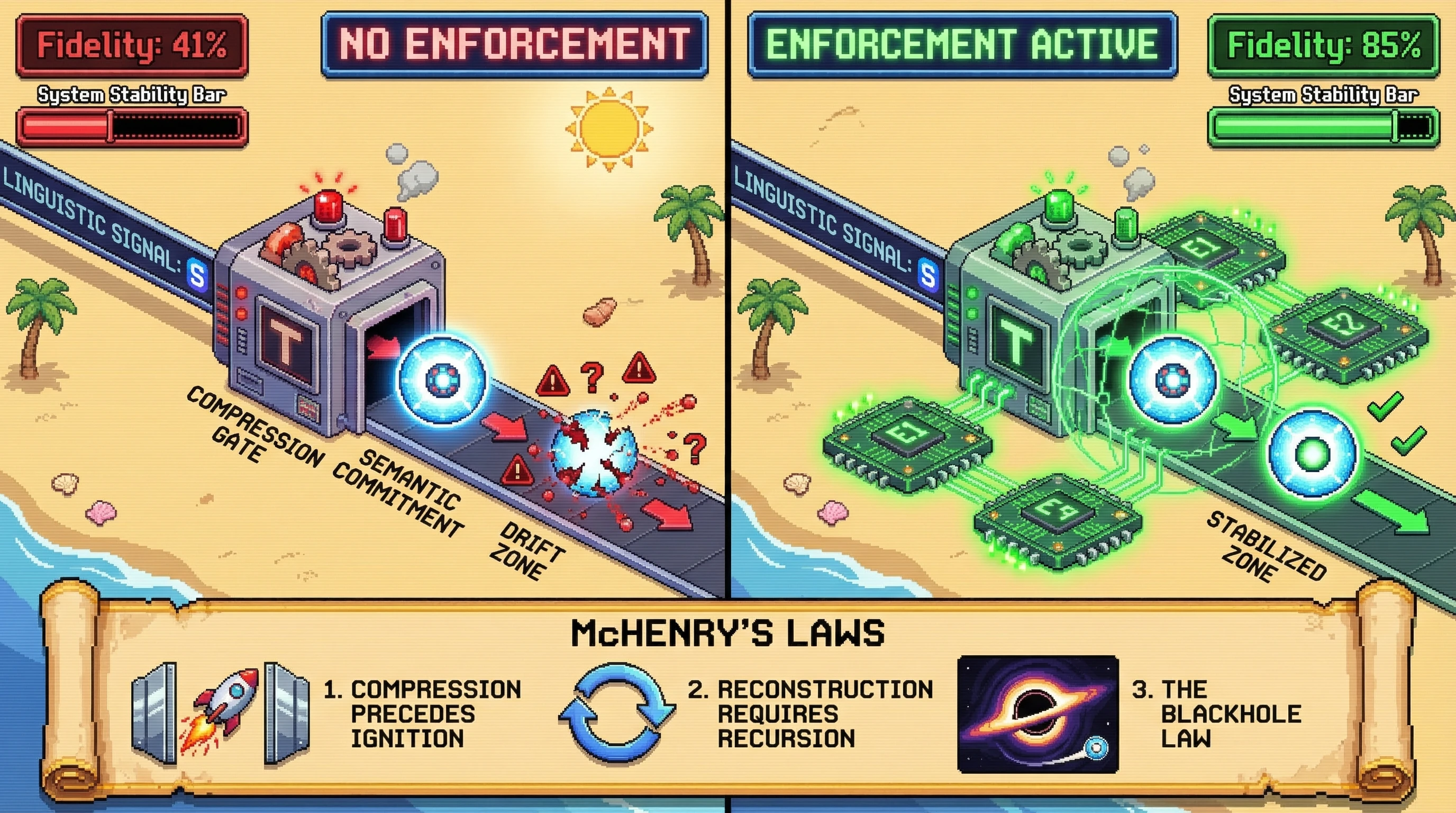 Infographic for: Semantic Commitment is Conserved Under Compression: A Conservation Law for Meaning