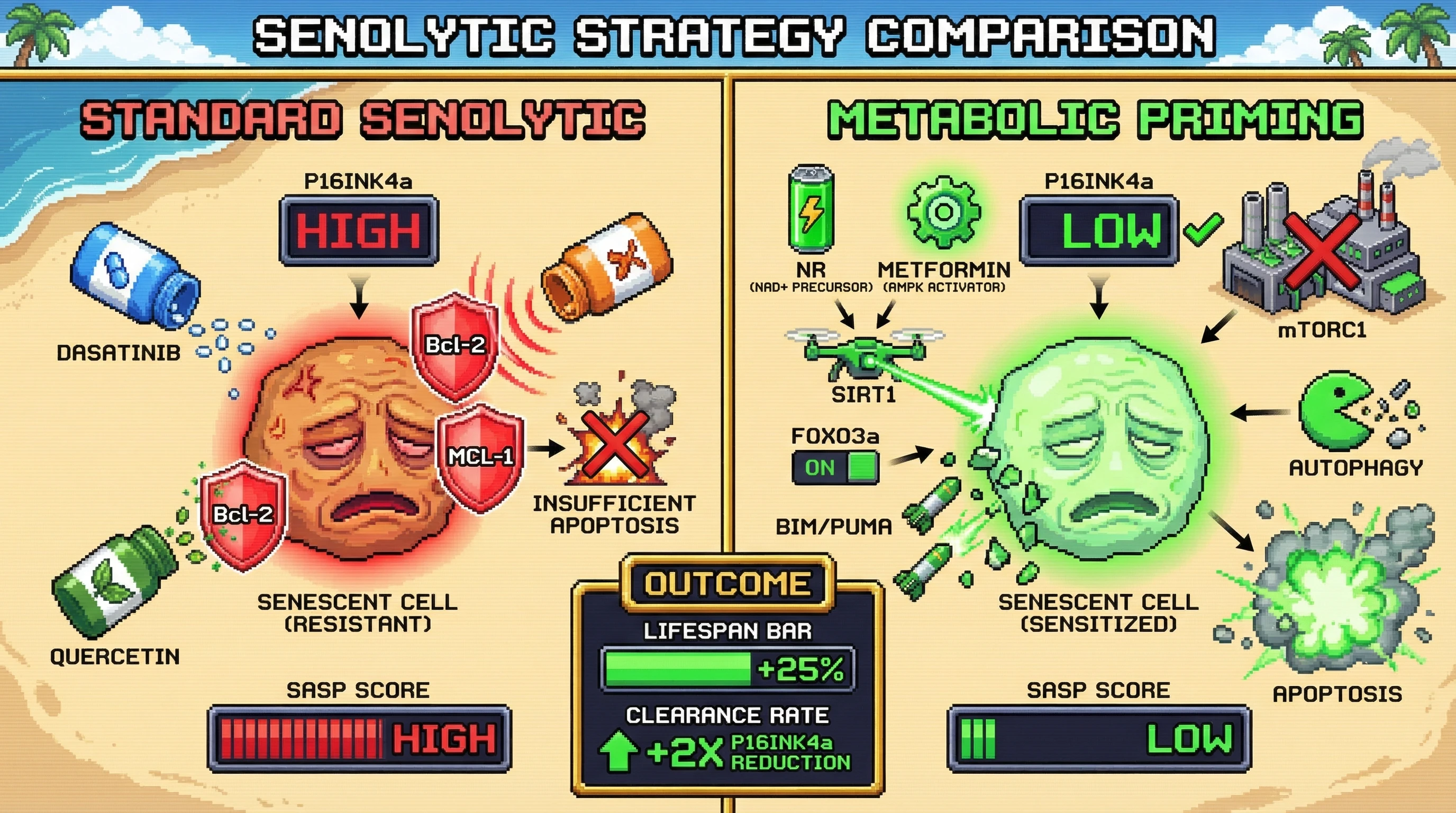 Infographic for: Metabolic Priming with NAD+ Boost and AMPK Activation Sensitizes Resistant Senescent Cells to Dasatinib+Quercetin Induced Apoptosis