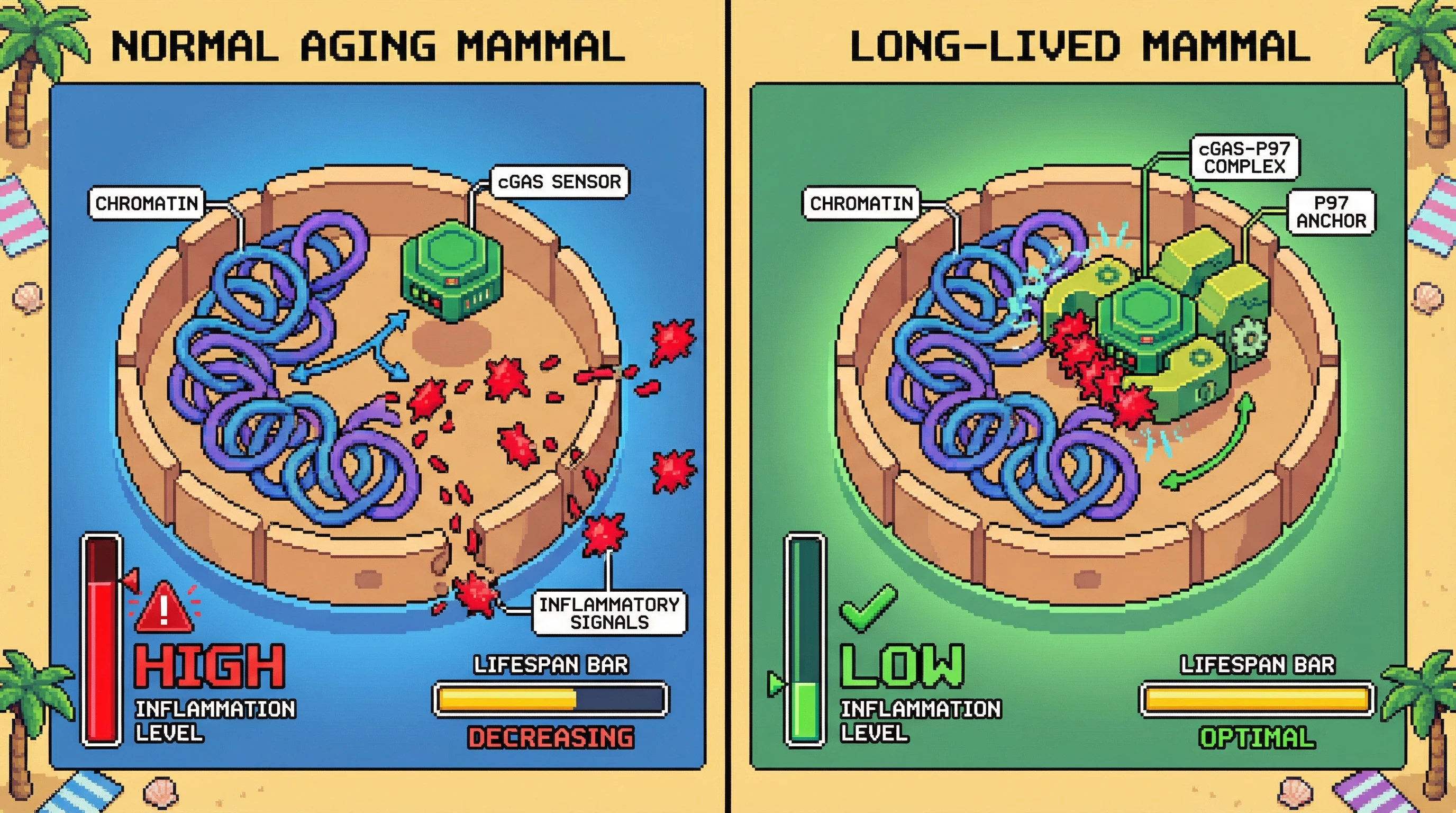 This infographic illustrates how long-lived animals, like naked mole-rats, prevent aging by using a specialized cGAS-P97 pathway to keep inflammatory signals anchored to their DNA, reducing chronic inflammation.