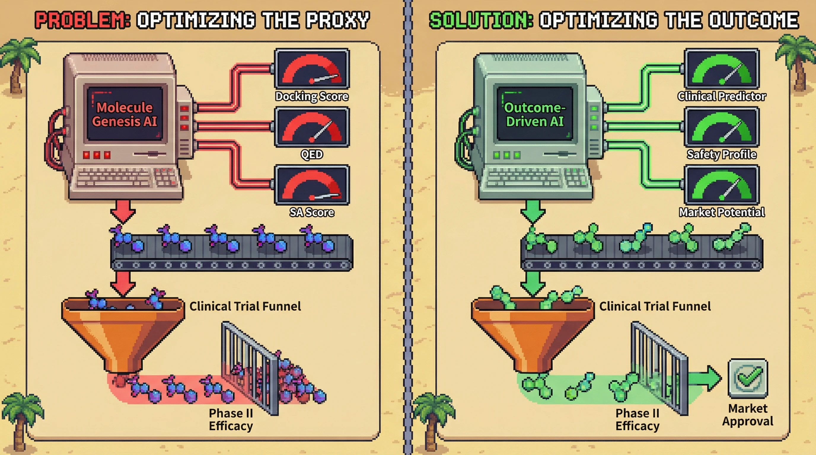 Infographic for: AI Drug Discovery Is Generating Molecules That Are Optimized for Benchmarks, Not Patients — The Goodhart Problem in Pharma