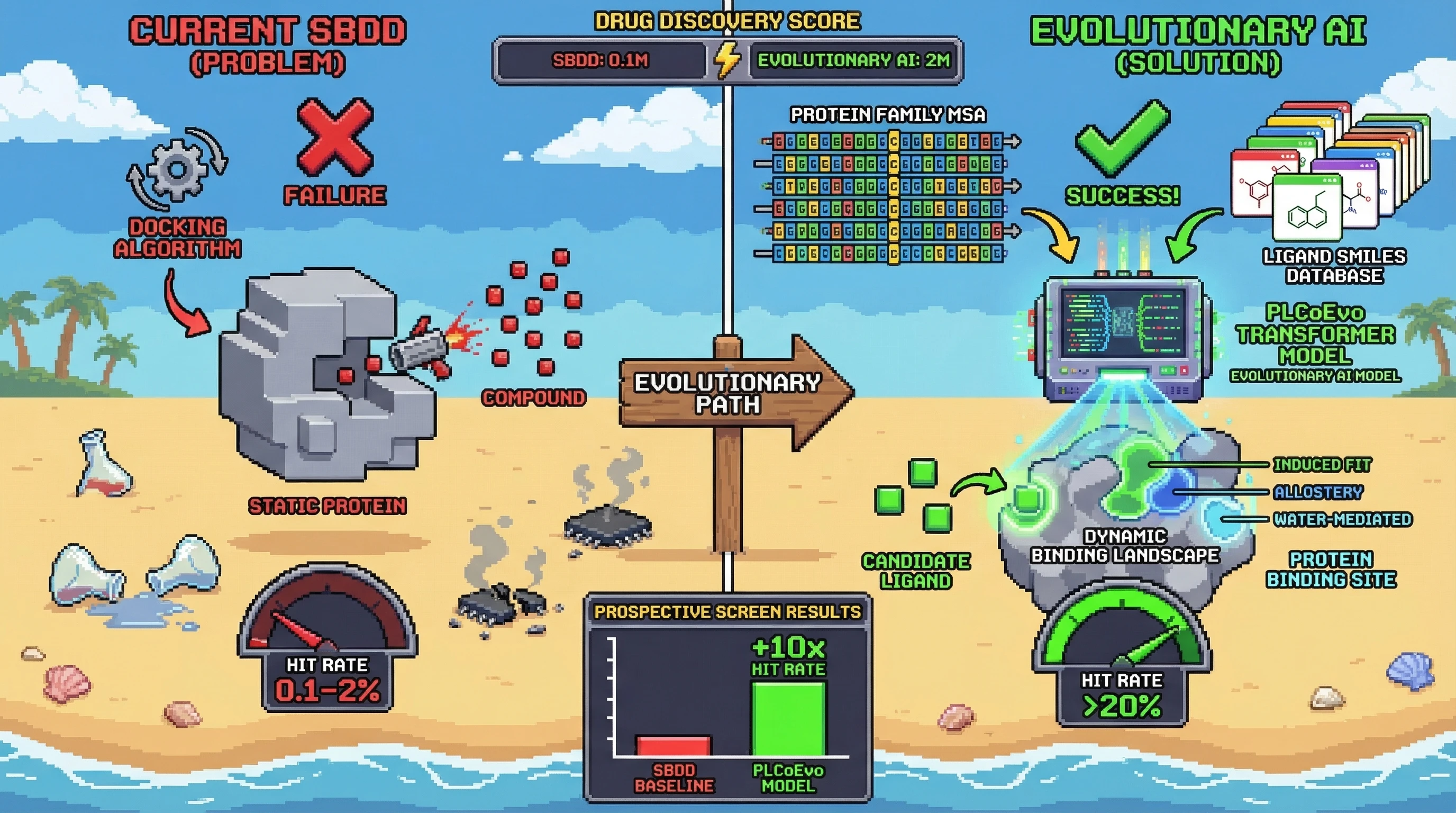 Infographic for: Hypothesis: AI Foundation Models Trained on Protein-Ligand Co-evolution Data Will Outperform Structure-Based Drug Design by 10x on Hit Rate