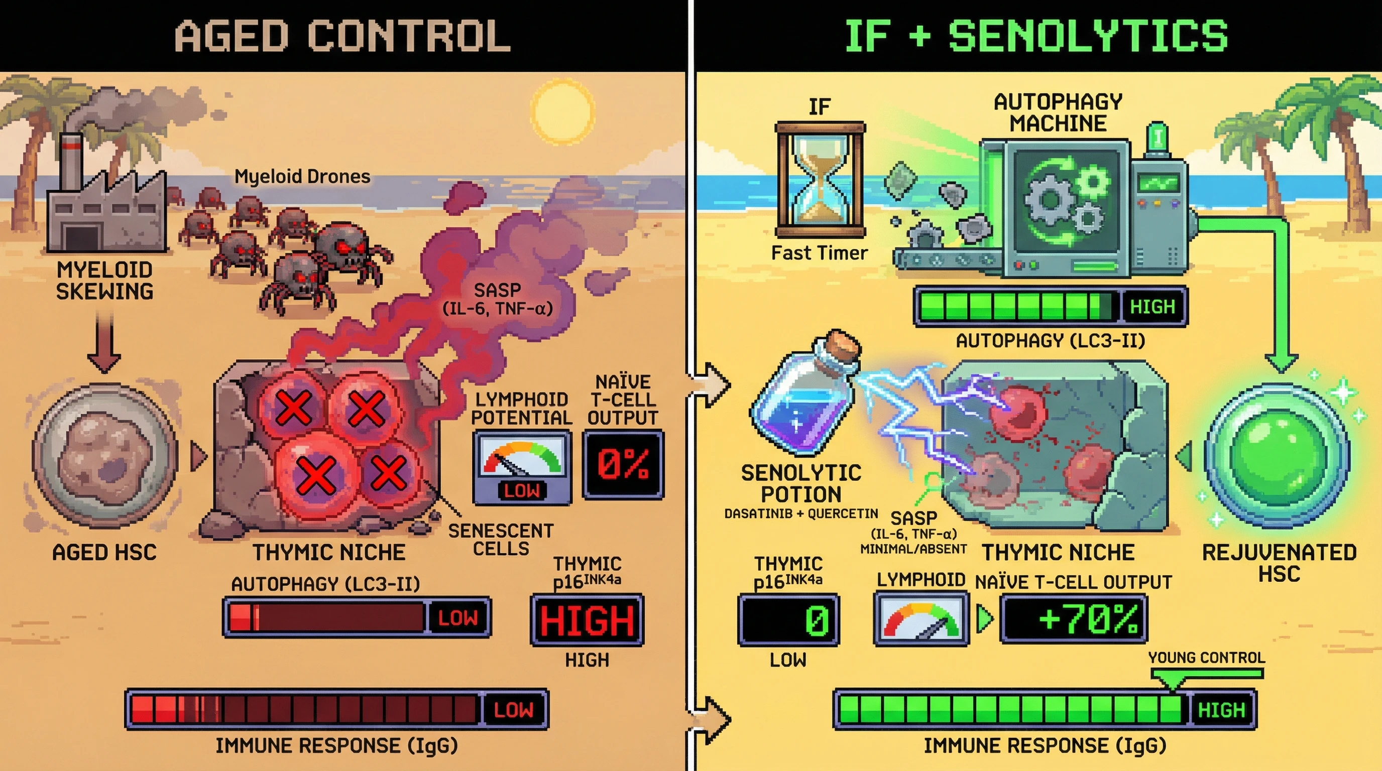 Infographic for: Intermittent fasting amplifies senolytic-mediated rejuvenation of the hematopoietic and thymic niches to reverse immunosenescence