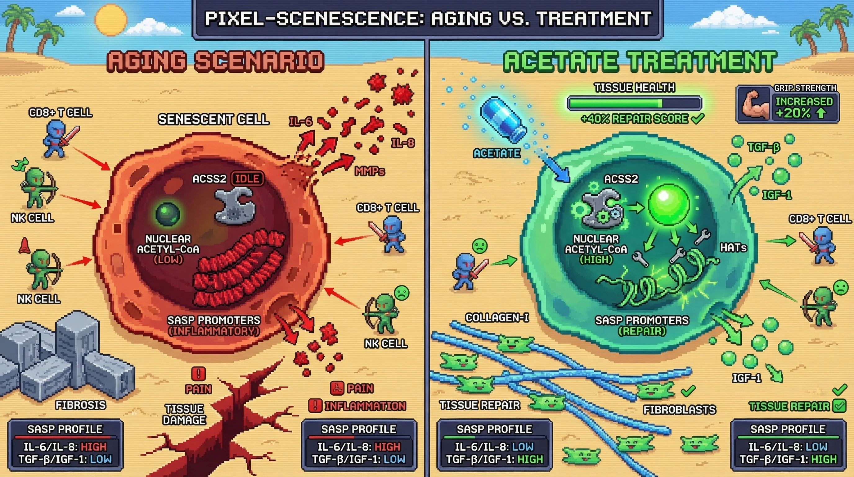 Infographic for: Acetate‑Driven Reprogramming of the Senescent Cell Secretome Shifts the Hostage Negotiation from Immune Clearance to Tissue Repair