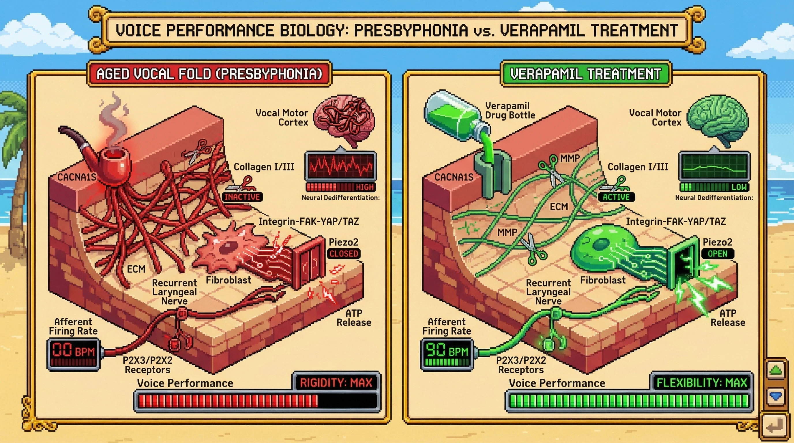 Mechanism: Aging vocal folds show increased CACNA1S activity, leading to stiff ECM, suppressed Piezo2-mediated ATP release from fibroblasts, and reduced afferent nerve firing. Readout: Readout: Verapamil treatment restores Piezo2-dependent ATP release and afferent firing, decreasing neural dedifferentiation and improving voice flexibility.