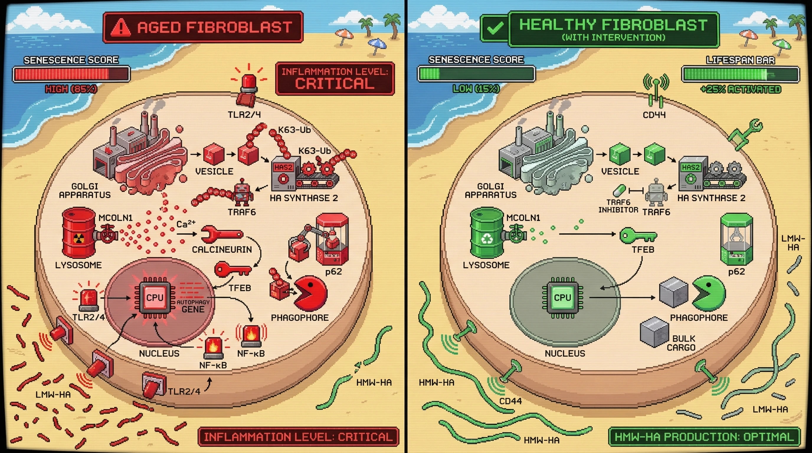 Infographic for: Hierarchical selective autophagy of HAS2 dictates HA molecular weight and dermal fibroblast senescence