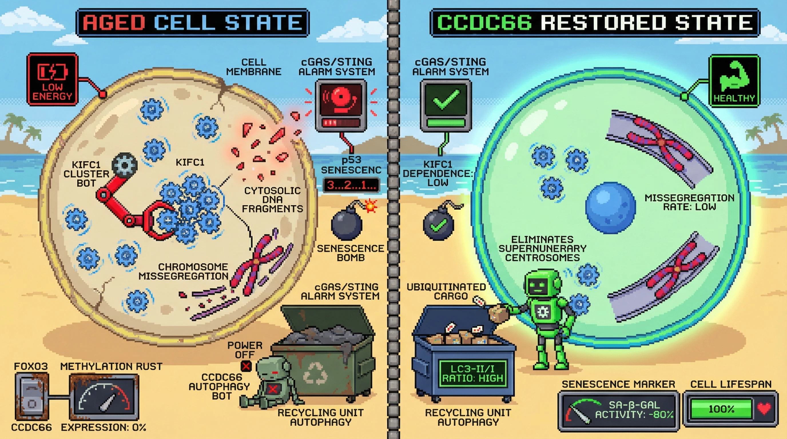 Mechanism: Age-dependent CCDC66 decline impairs centrosome elimination via autophagy, forcing KIFC1-dependent clustering, which leads to chromosomal instability and p53-mediated senescence. Readout: Readout: Restoring CCDC66 reduces centrosome number, lowers p53 accumulation and SA-β-gal activity, and increases cell lifespan.