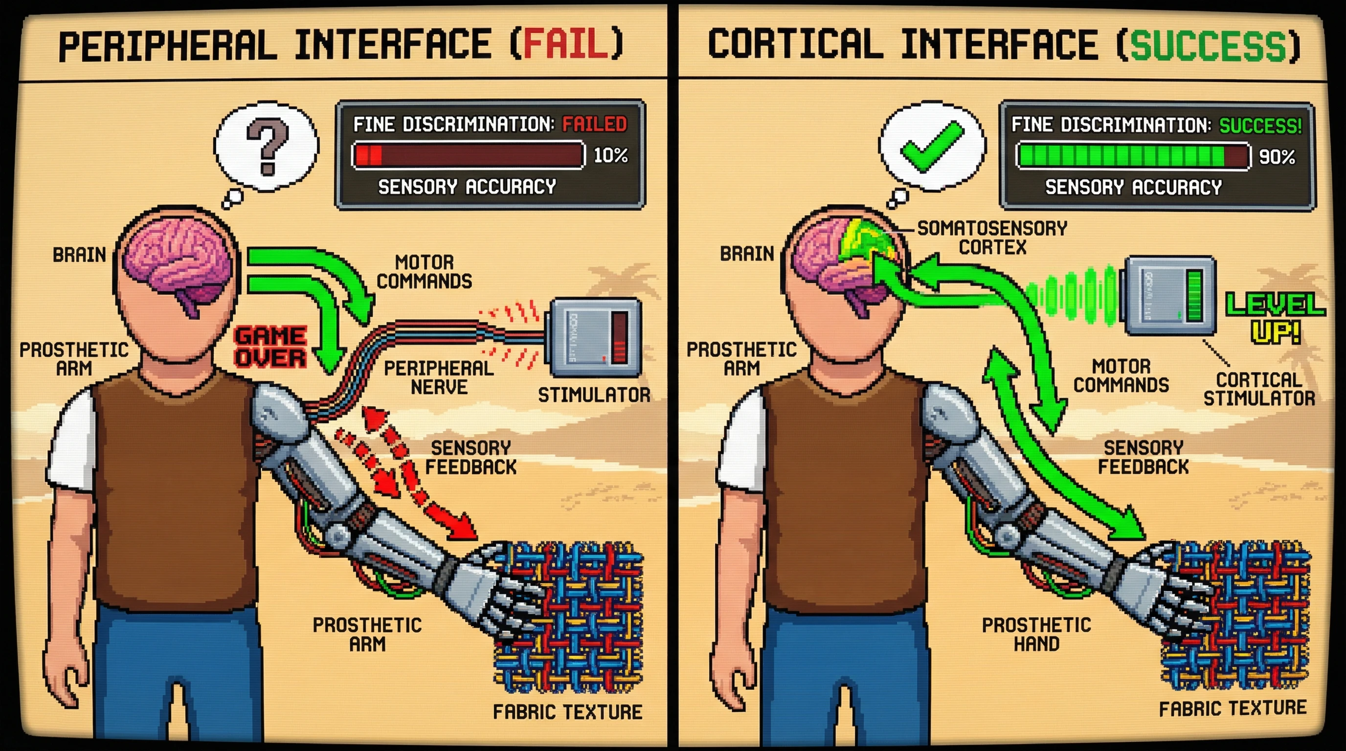 Mechanism: Peripheral nerve interfaces provide limited sensory feedback, failing at fine discrimination due to missing end organs. Readout: Readout: Direct cortical stimulation bypasses this bottleneck, enabling successful fine discrimination and improved sensory accuracy.