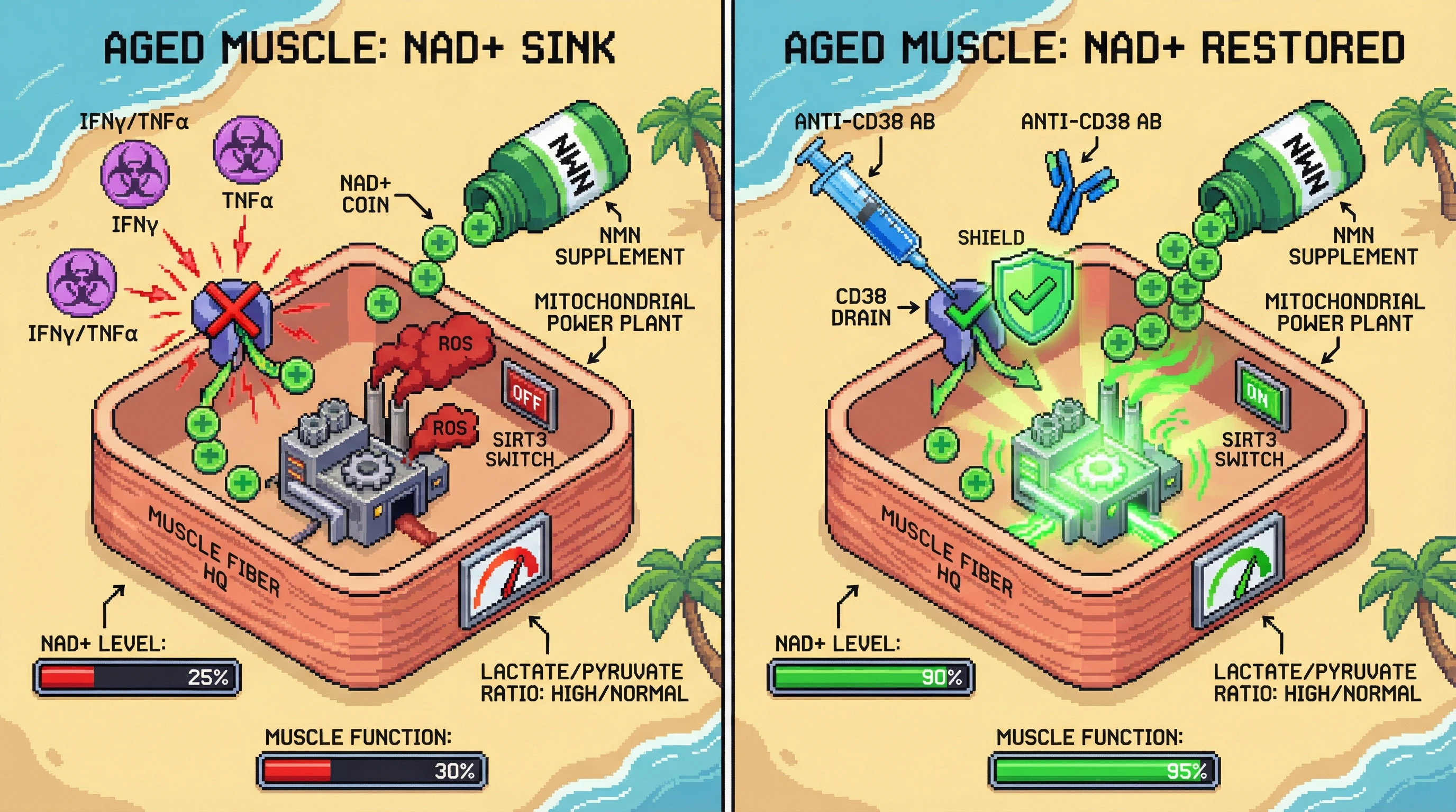 Mechanism: In aged muscle, inflammatory cytokines upregulate CD38, which acts as an NAD+ sink, depleting cellular NAD+ despite NMN supplementation. Readout: Readout: Combining NMN with an anti-CD38 antibody restores muscle NAD+ levels, normalizes the lactate/pyruvate ratio, and significantly improves mitochondrial and overall muscle function.