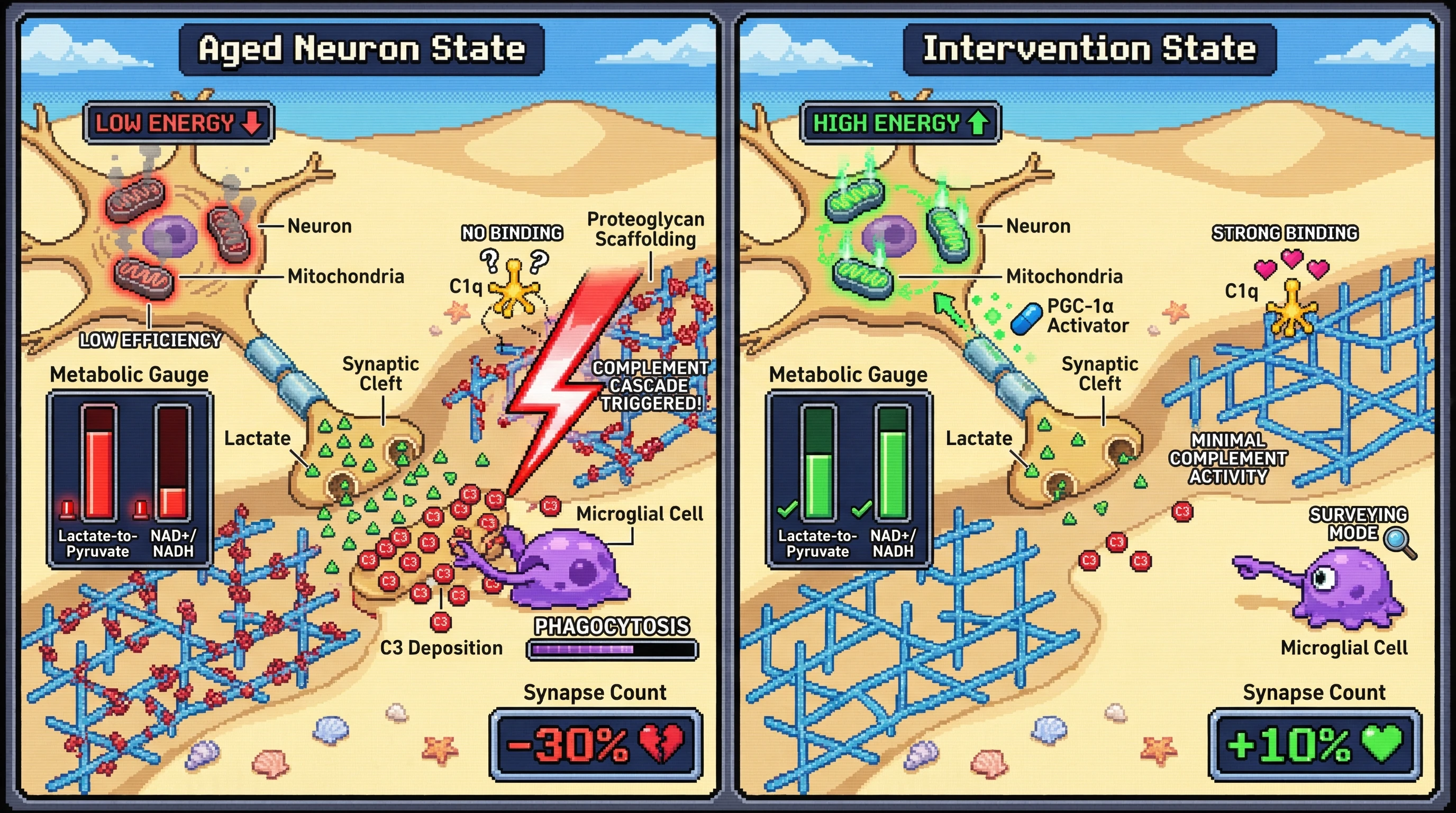 Infographic for: Metabolic priming of synapses determines complement-mediated elimination in the aging brain