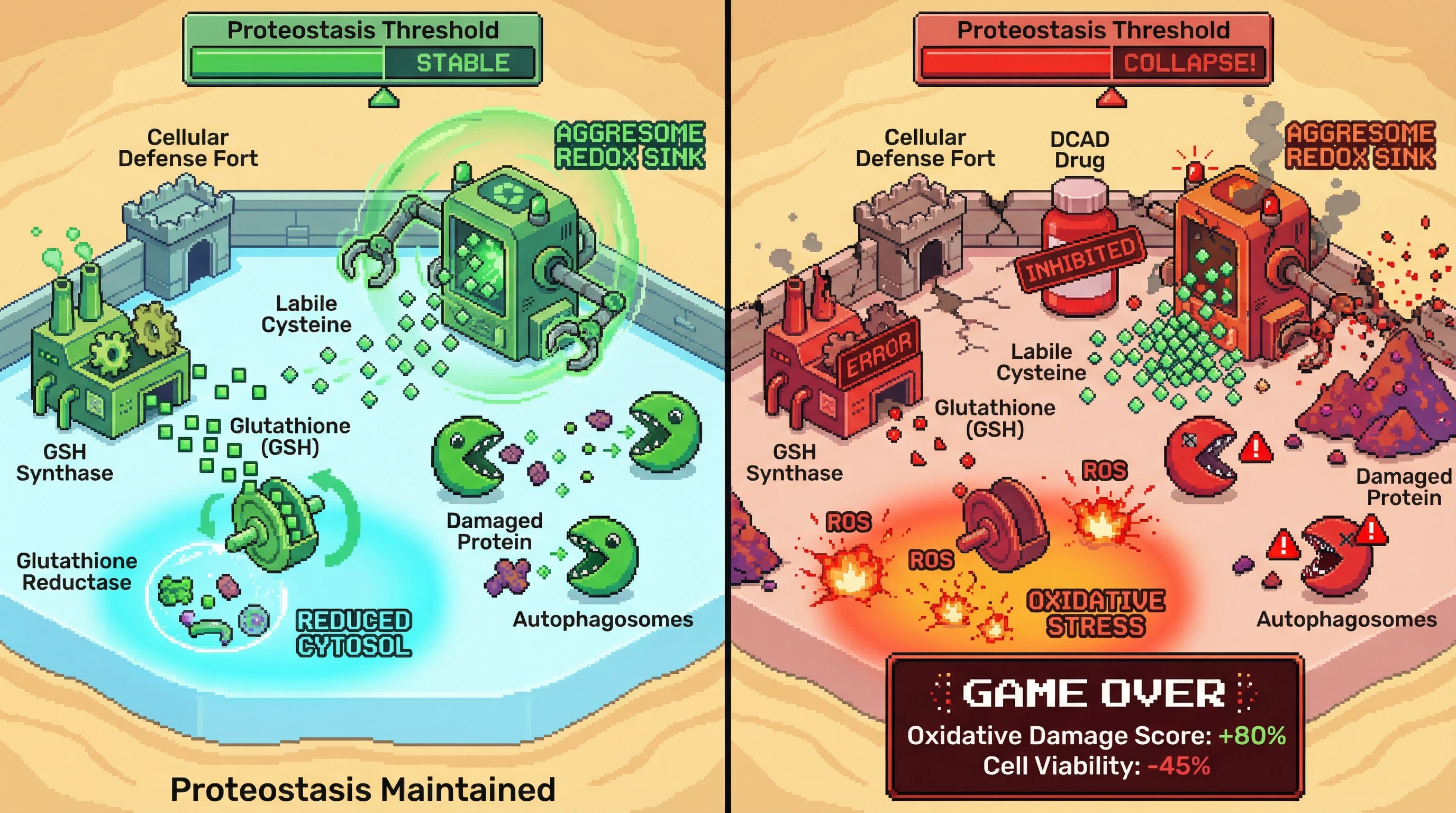 Infographic for: Aggresome-derived amyloid fibrils act as redox sinks that sequester labile cysteines, modulate glutathione flux, and set the threshold for proteostasis collapse