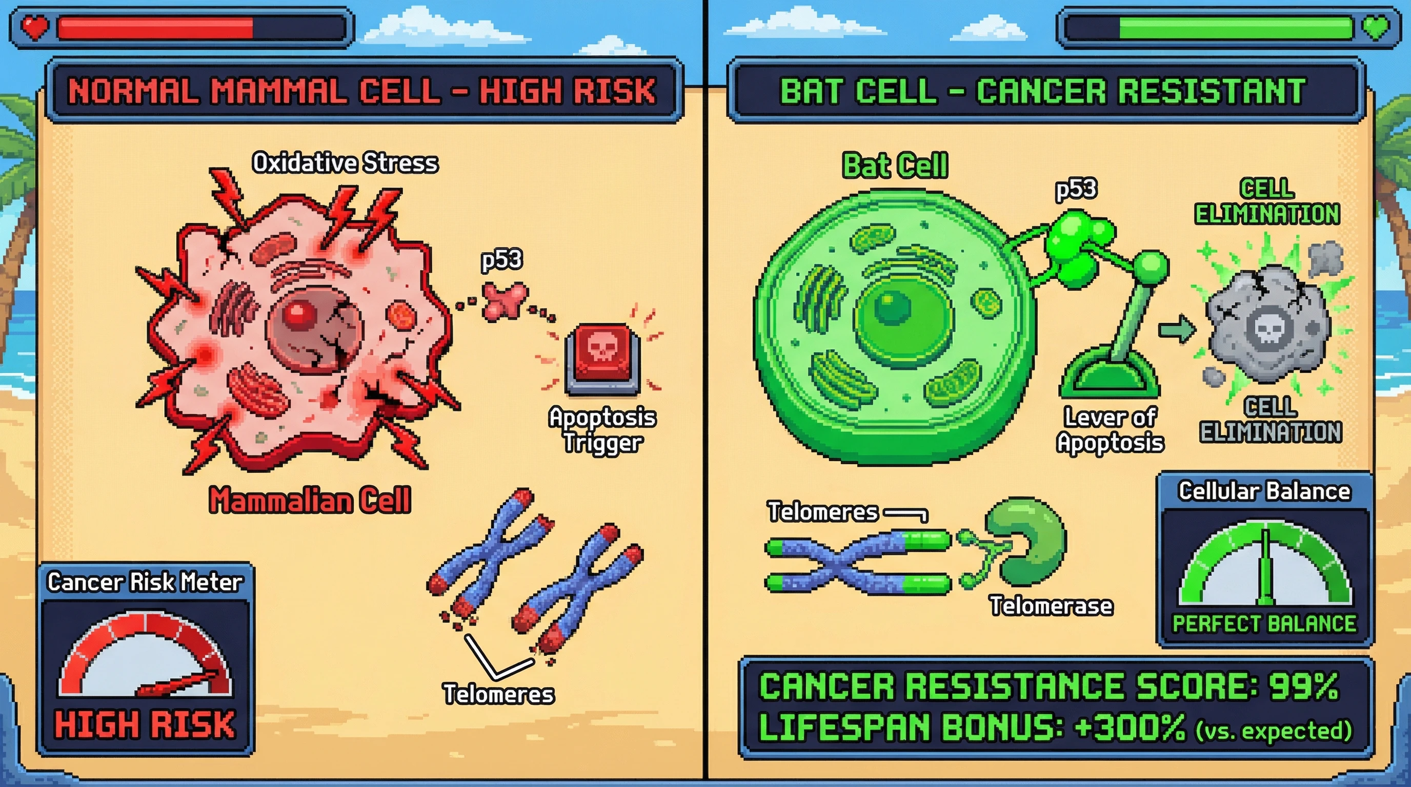 This infographic illustrates the bat's extraordinary cancer resistance, contrasting a normal mammal's vulnerability with the bat's unique balance of enhanced p53-mediated apoptosis and robust telomerase activity, preventing tumor formation despite high metabolic stress.