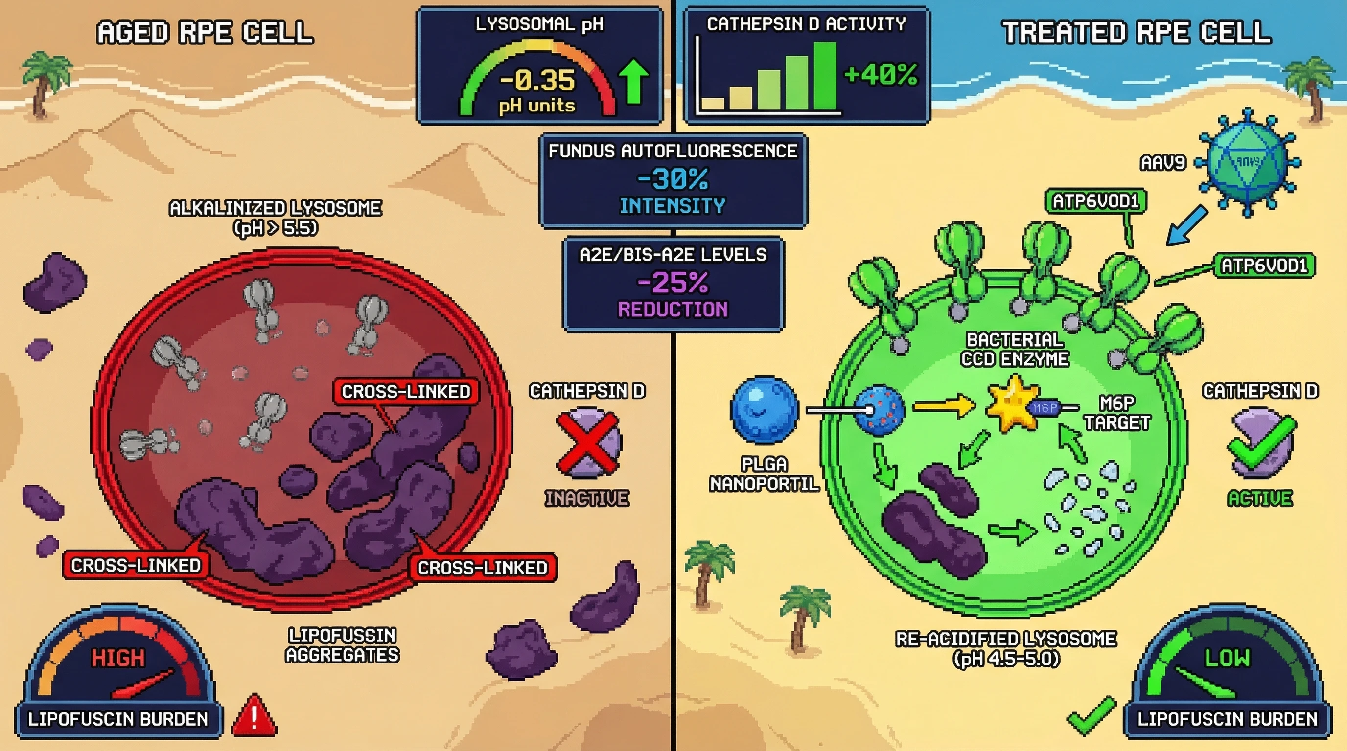 Infographic for: Dual lysosomal repair — AAV-ATP6V0D1 acidification combined with lysosome-targeted bacterial carotenoid-cleaving diox...