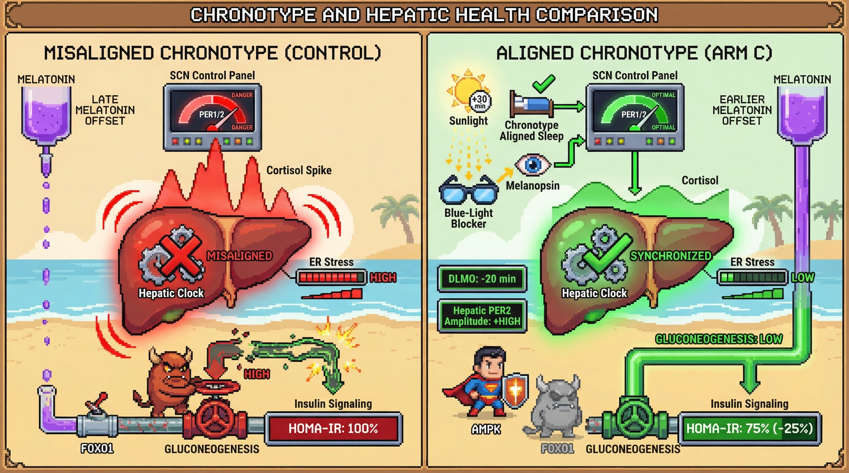 Mechanism: Chronotype-aligned sleep, morning light, and evening blue-light blockade synergistically advance the SCN clock, enhance AMPK, and reduce ER stress in the liver. Readout: Readout: This combined intervention reduces HOMA-IR by 25% and advances DLMO by 20 minutes, indicating improved insulin sensitivity and circadian alignment.