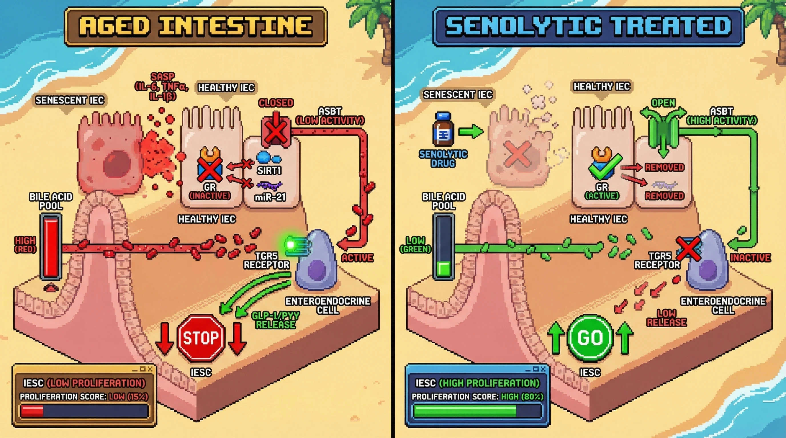 Infographic for: Senescent IECs orchestrate a bile acid–mediated brake on stem cell hyperproliferation via SASP‑driven glucocorticoid receptor antagonism