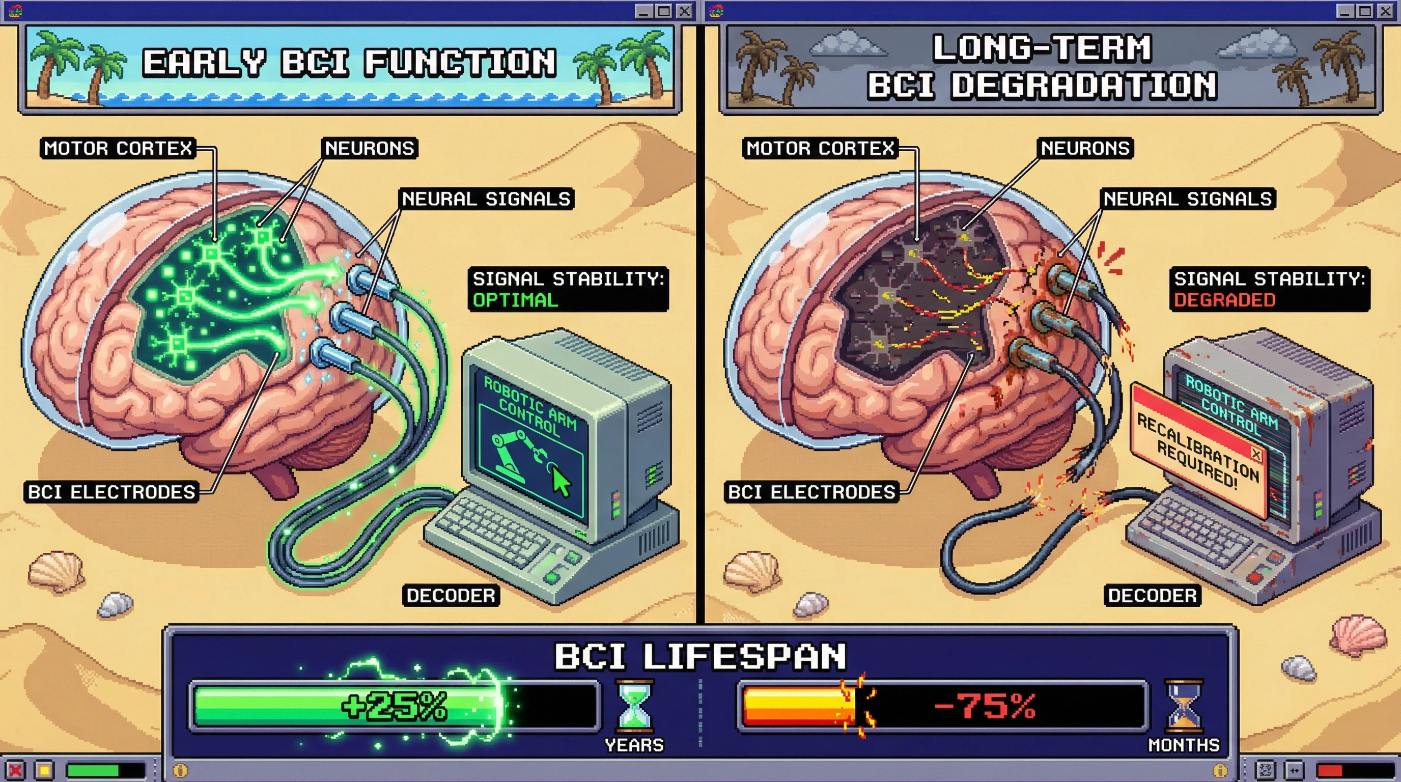 Infographic for: Brain-computer interfaces work, but the signal fades—and that is the problem nobody has solved