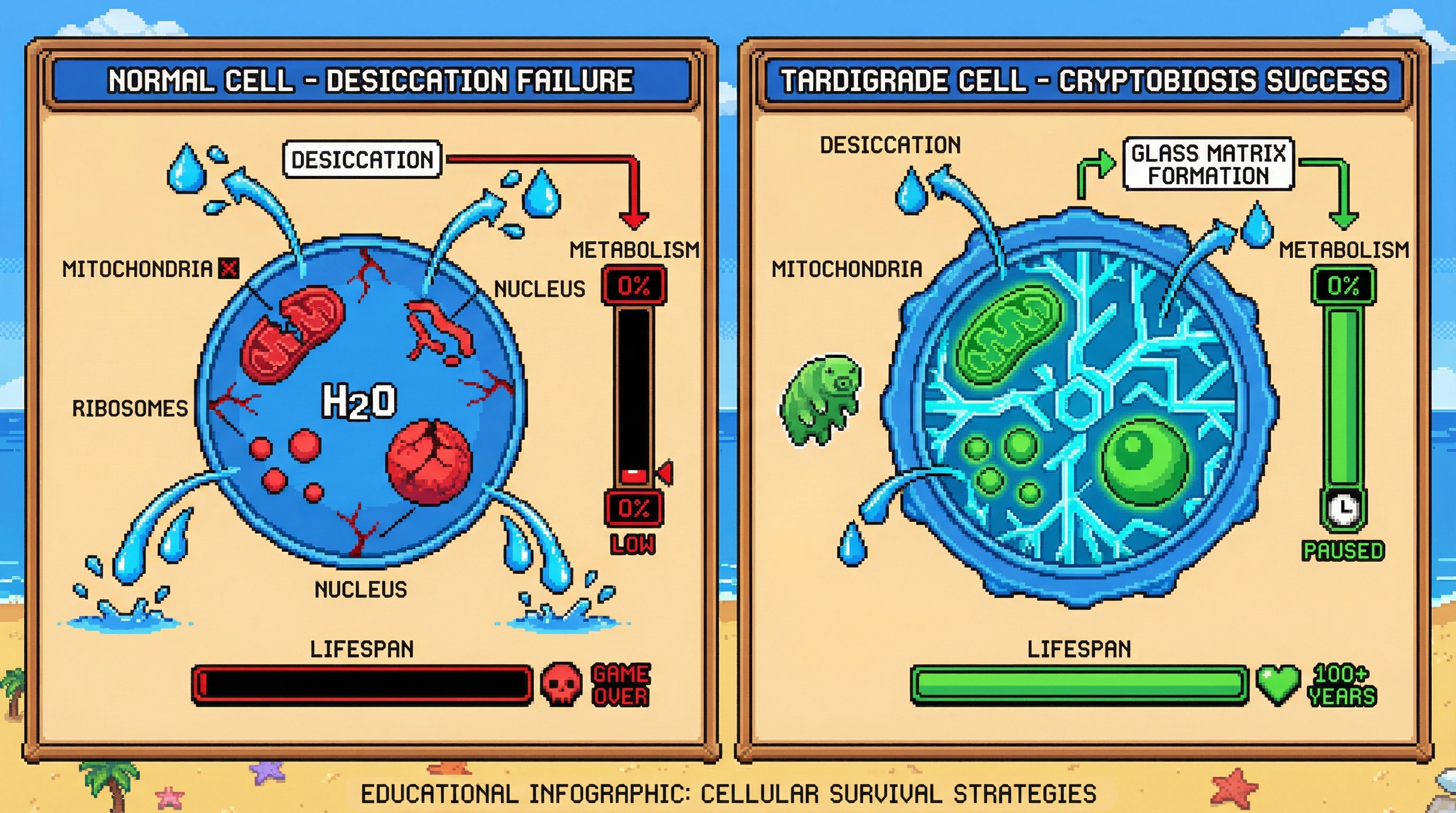 Infographic for: Tardigrades survive 100+ years desiccated by replacing water with glass—what this teaches us about metabolic arrest