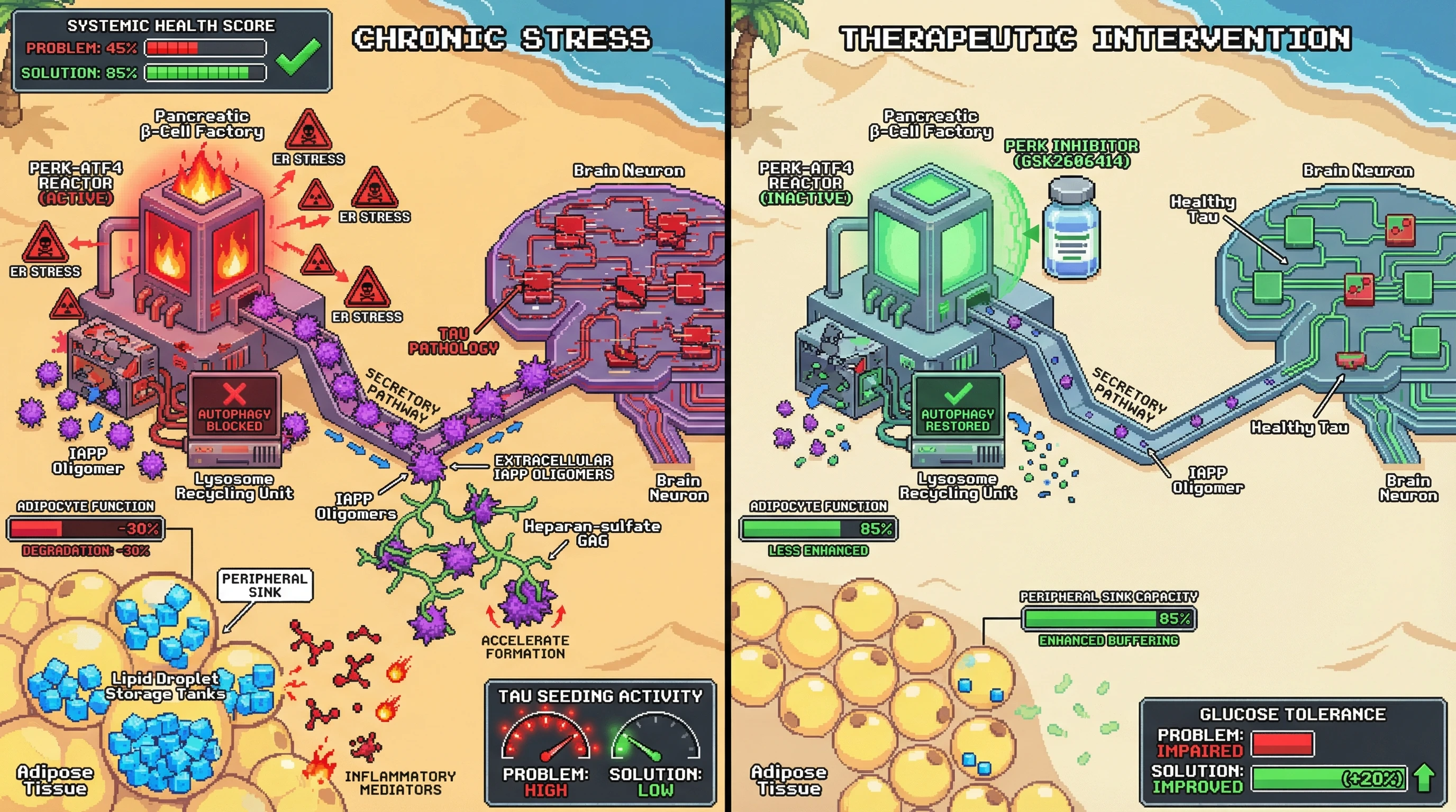 Infographic for: PERK-ATF4‑Driven Lysosomal Reprogramming Promotes Extracellular IAPP Oligomer Seeding of Tau and Peripheral Amyloid Sink Formation in Adipose
