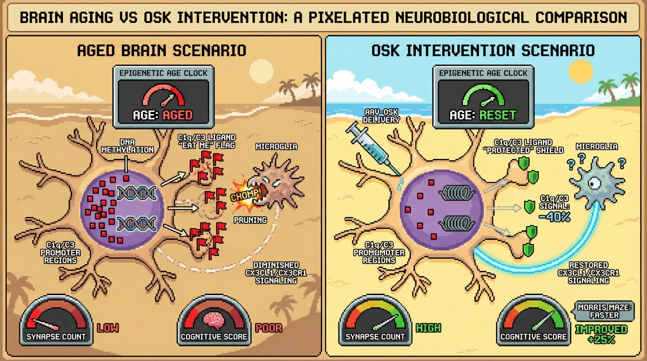 Mechanism: Age-related epigenetic drift increases complement ligand expression on neurons, leading to excessive microglial pruning; OSK partial reprogramming reverses this, protecting synapses. Readout: Readout: C1q/C3 signal decreases by 40%, leading to improved cognitive performance in the Morris water maze by 25%.