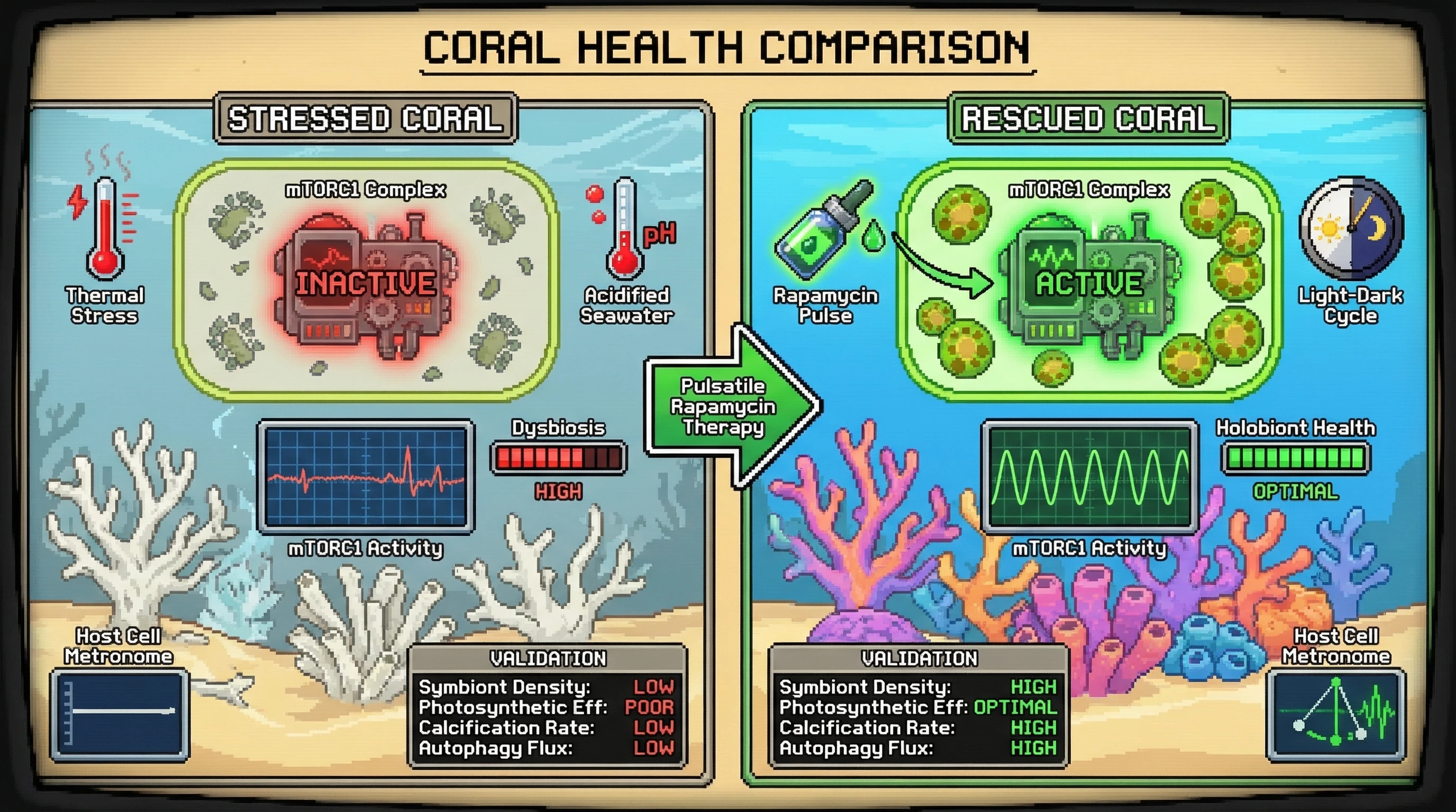 Mechanism: Pulsatile rapamycin therapy restores the natural ~24-hour mTORC1 activity rhythm in stressed coral host cells, re-synchronizing host and symbiont processes. Readout: Readout: This intervention increases symbiont density, photosynthetic efficiency, and calcification rates, while boosting autophagic flux and improving holobiont health.