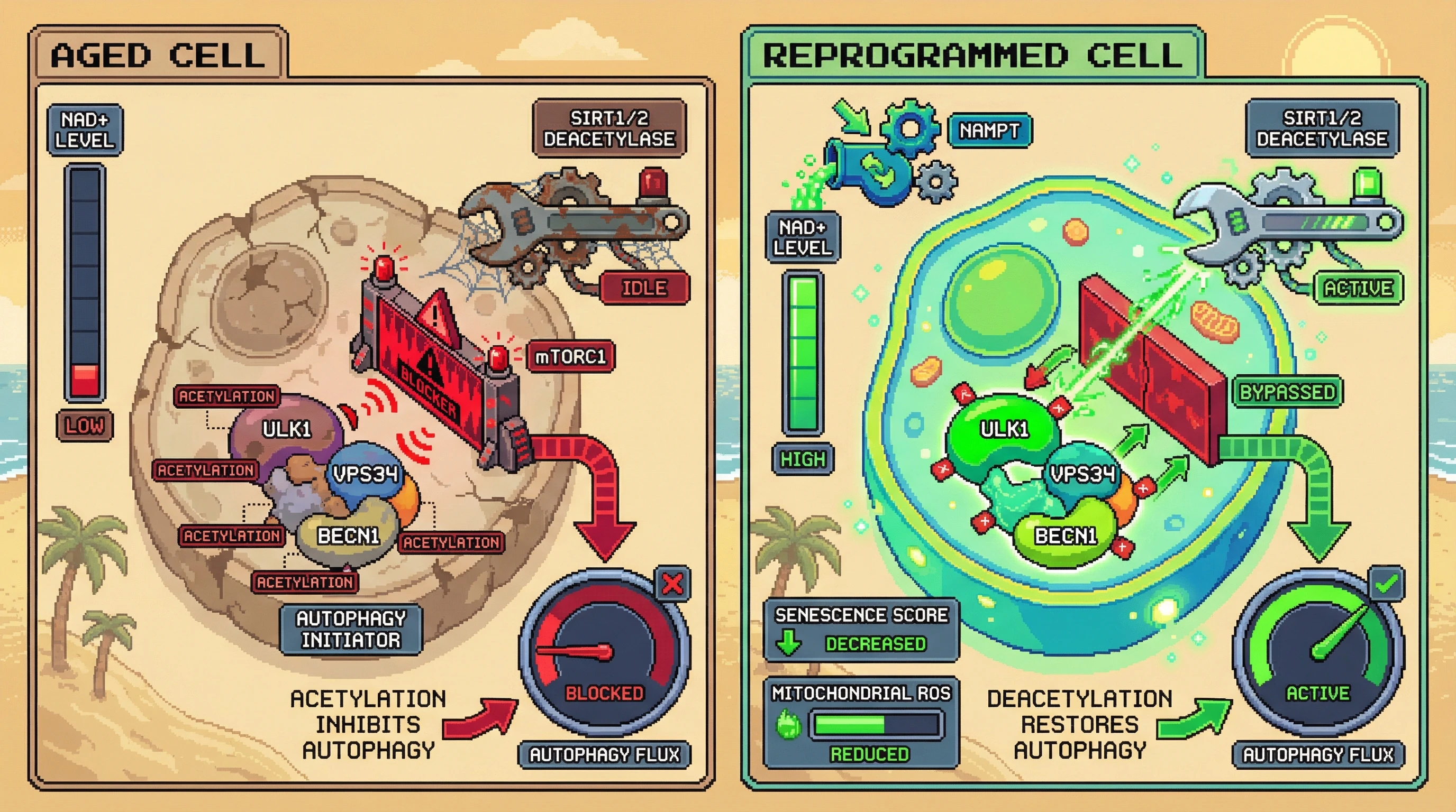 Infographic for: NAD+-Sirtuin Mediated Active Suppression of Autophagy in Aging Is Reversed by Transient Partial Reprogramming