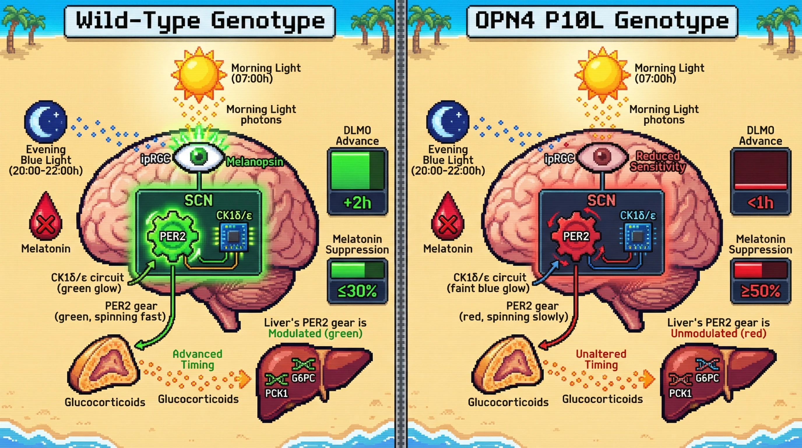 Mechanism: Morning light advances PER2 phosphorylation in the SCN via ipRGC-CK1δ/ε, modulating glucocorticoid timing and evening blue light sensitivity, with OPN4 P10L carriers showing reduced melanopsin sensitivity. Readout: Readout: Wild-type subjects exhibit a ≥2-hour DLMO advance and ≤30% melatonin suppression, while P10L carriers show <1-hour DLMO advance and ≥50% melatonin suppression.