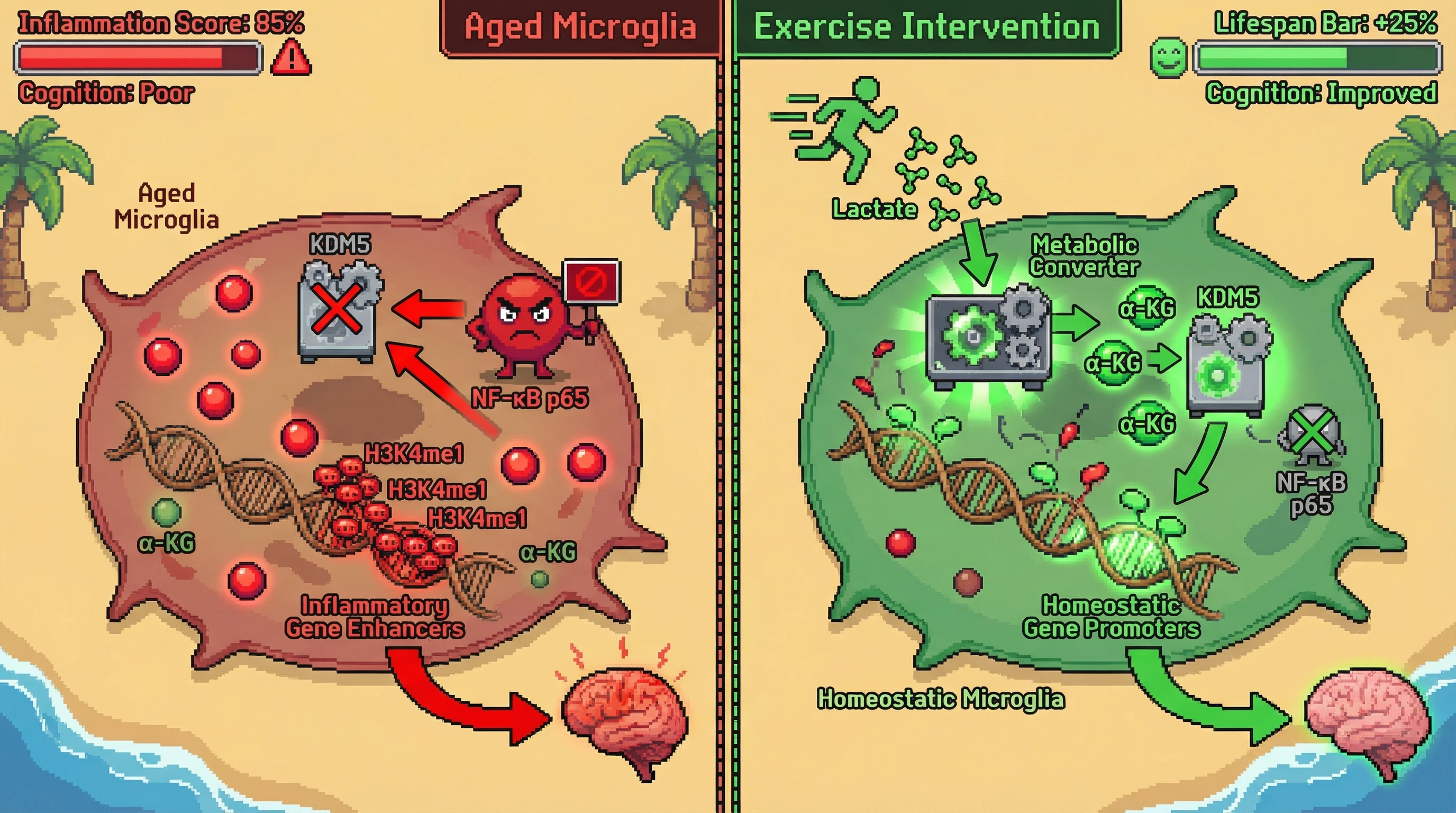 Infographic for: Lactate‑driven α‑KG/KDM5 axis as a reversible switch for microglial epigenetic over‑consolidation in cognitive aging