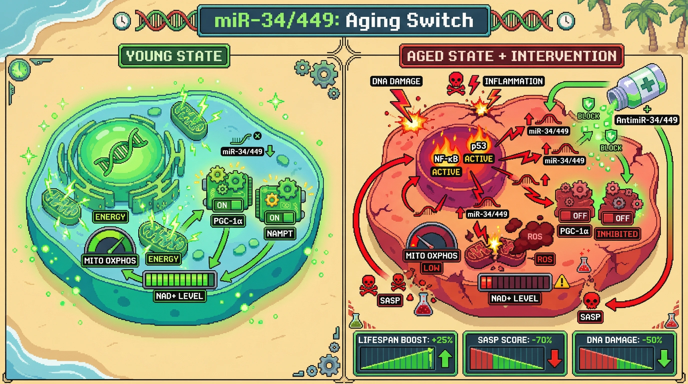 Infographic for: AmicroRNA-mediated bistable switch as the upstream controller of aging hallmarks