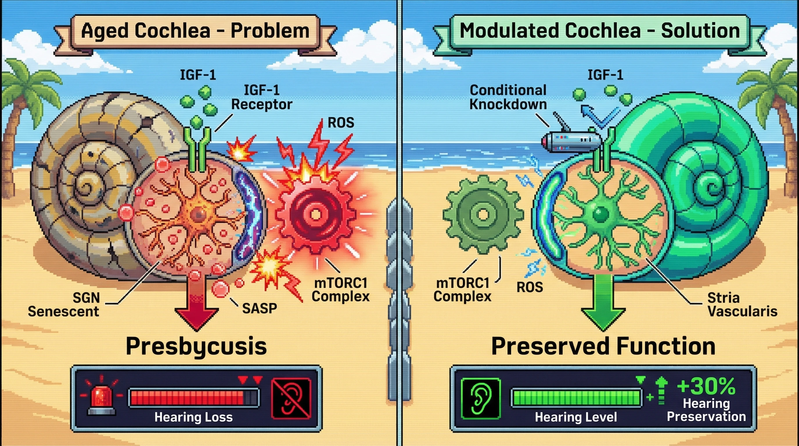 Mechanism: Persistent IGF-1 signaling in the aged cochlea activates mTORC1, leading to oxidative stress and senescent secretome, causing neuron degeneration. Readout: Readout: Conditional IGF-1 receptor knockdown preserves spiral ganglion neurons and stria vascularis, increasing hearing level by 30%.