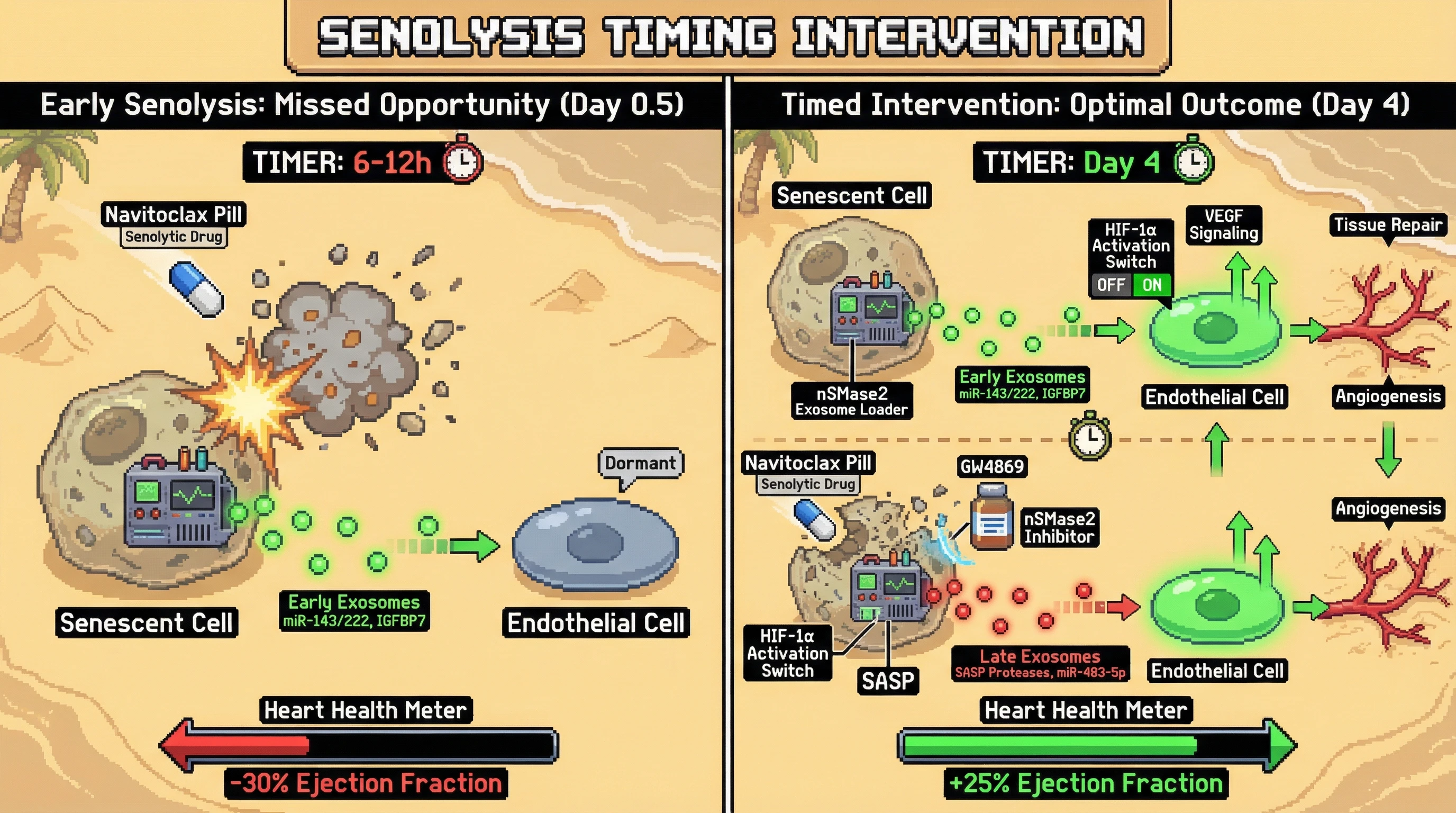 Infographic for: Timing Senolytic Intervention to Preserve Pro-Regenerative Senescent Exosome Burst While Blocking Chronic Senescence Propagation
