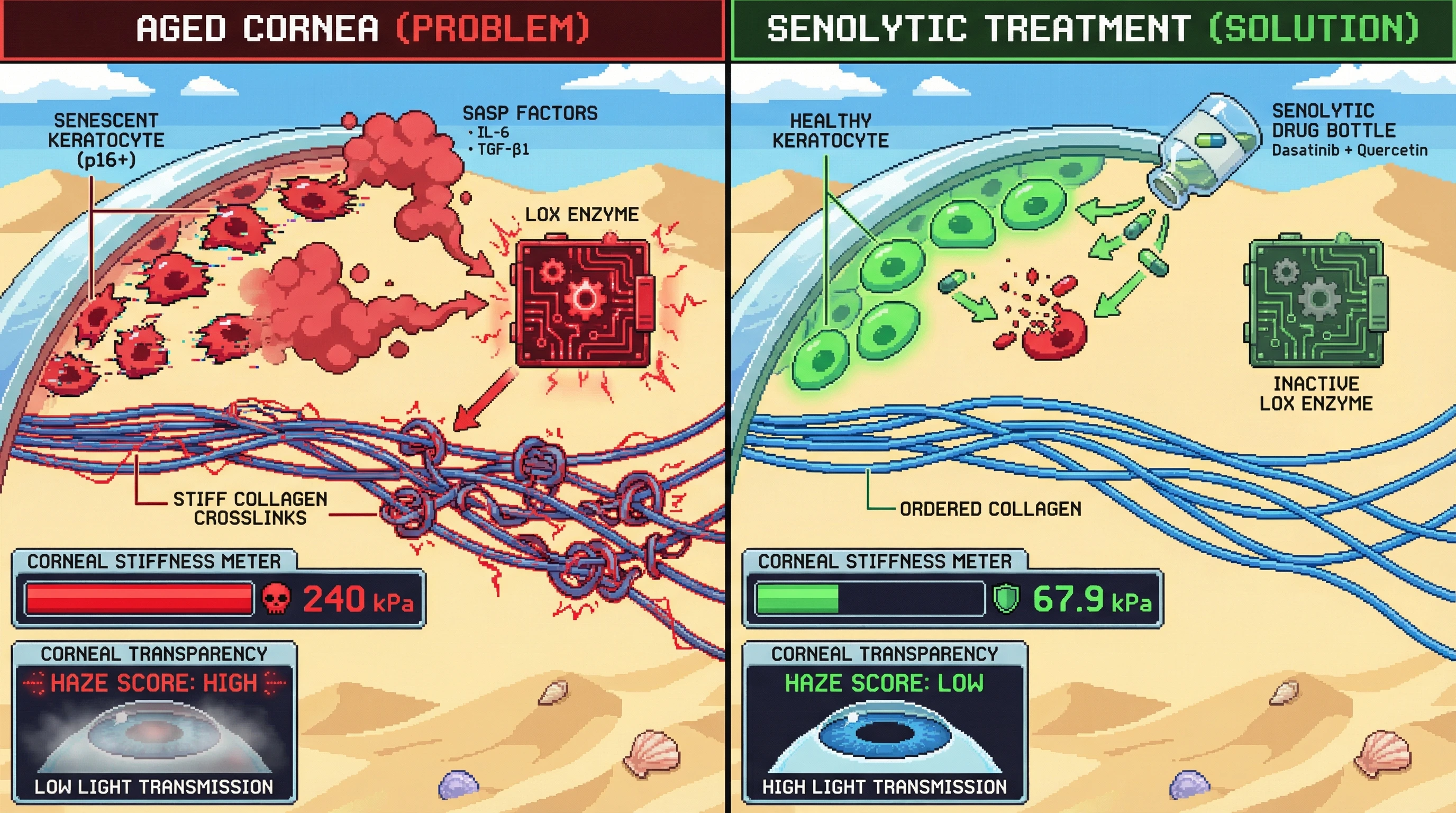 Mechanism: Aged corneas accumulate senescent keratocytes that secrete SASP factors, activating LOX enzyme to cause excessive collagen cross-linking and stiffening. Readout: Readout: Senolytic treatment reduces senescent cells, lowering LOX activity, decreasing corneal stiffness (from 240 kPa to 67.9 kPa), and improving transparency.