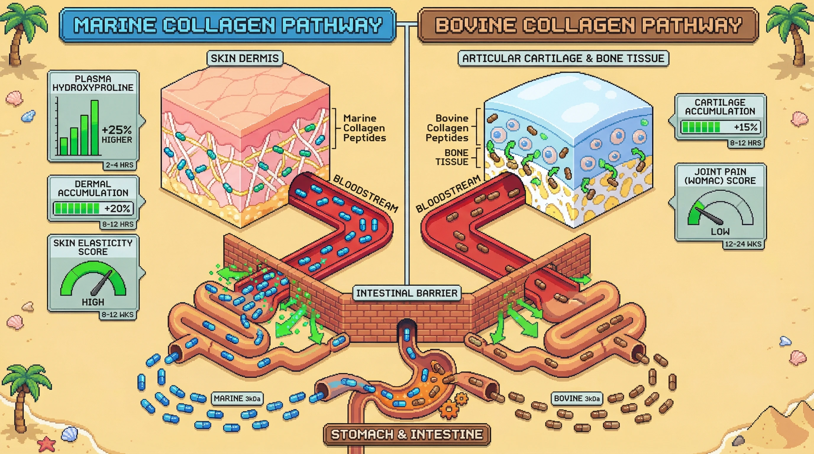 This infographic compares marine and bovine collagen peptides, showing how marine collagen is absorbed faster and accumulates more in skin for improved elasticity, while bovine collagen preferentially targets and accumulates in cartilage and bone for better joint health.