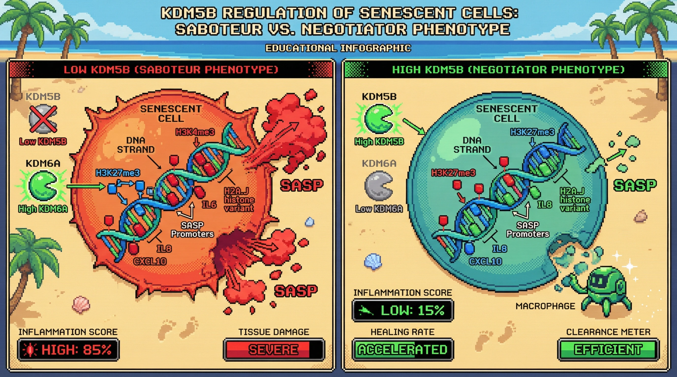 Infographic for: KDM5B as a Rheostat that Balances H2A.J-Dependent SASP Tuning in Senescent Cells
