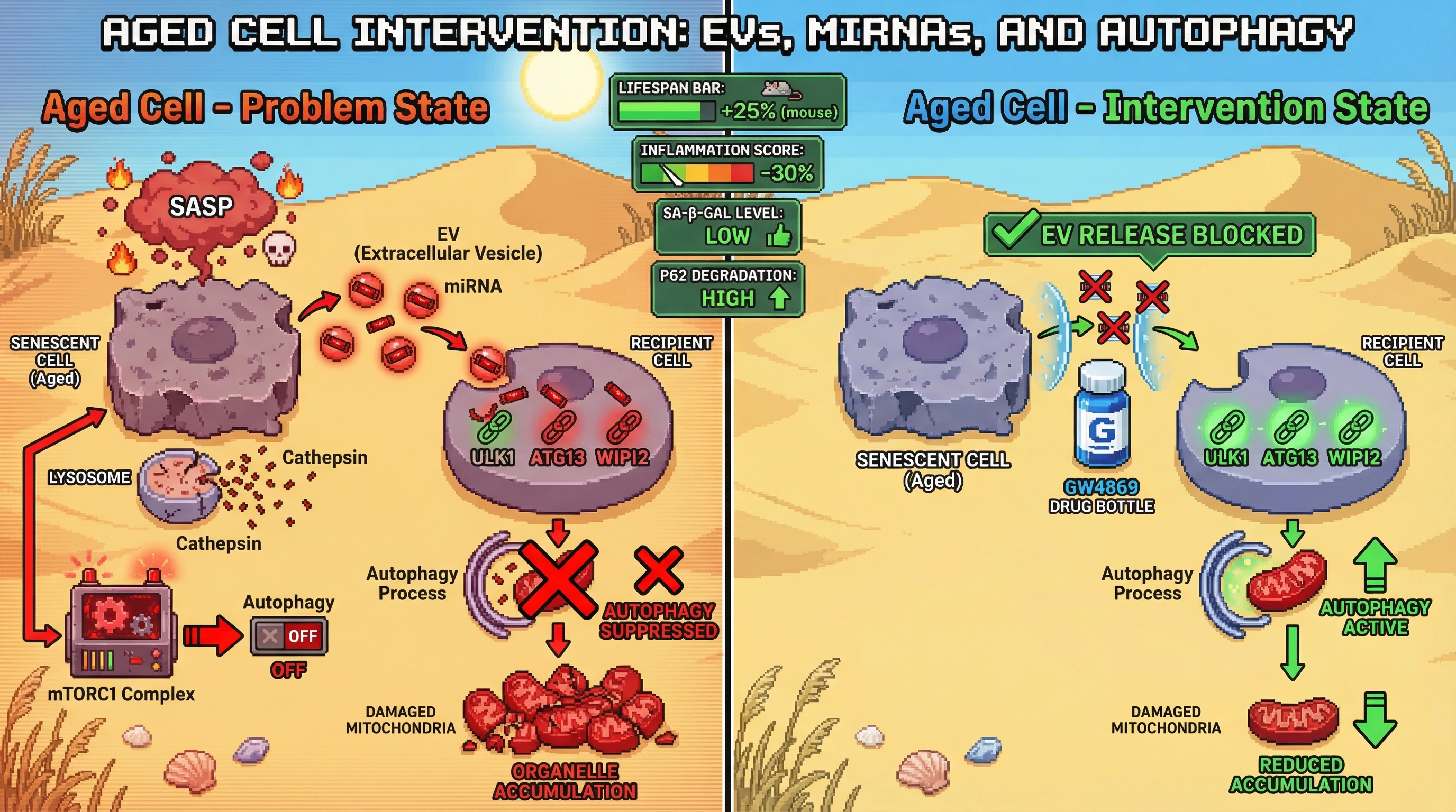 Mechanism: Senescence-derived extracellular vesicles (EVs) deliver inhibitory microRNAs (miRNAs) to recipient cells, suppressing autophagy by targeting initiation genes like ULK1 and WIPI2. Readout: Readout: Inhibiting EV release with GW4869 restores autophagy markers, decreases inflammation, and increases mouse lifespan by 25%.