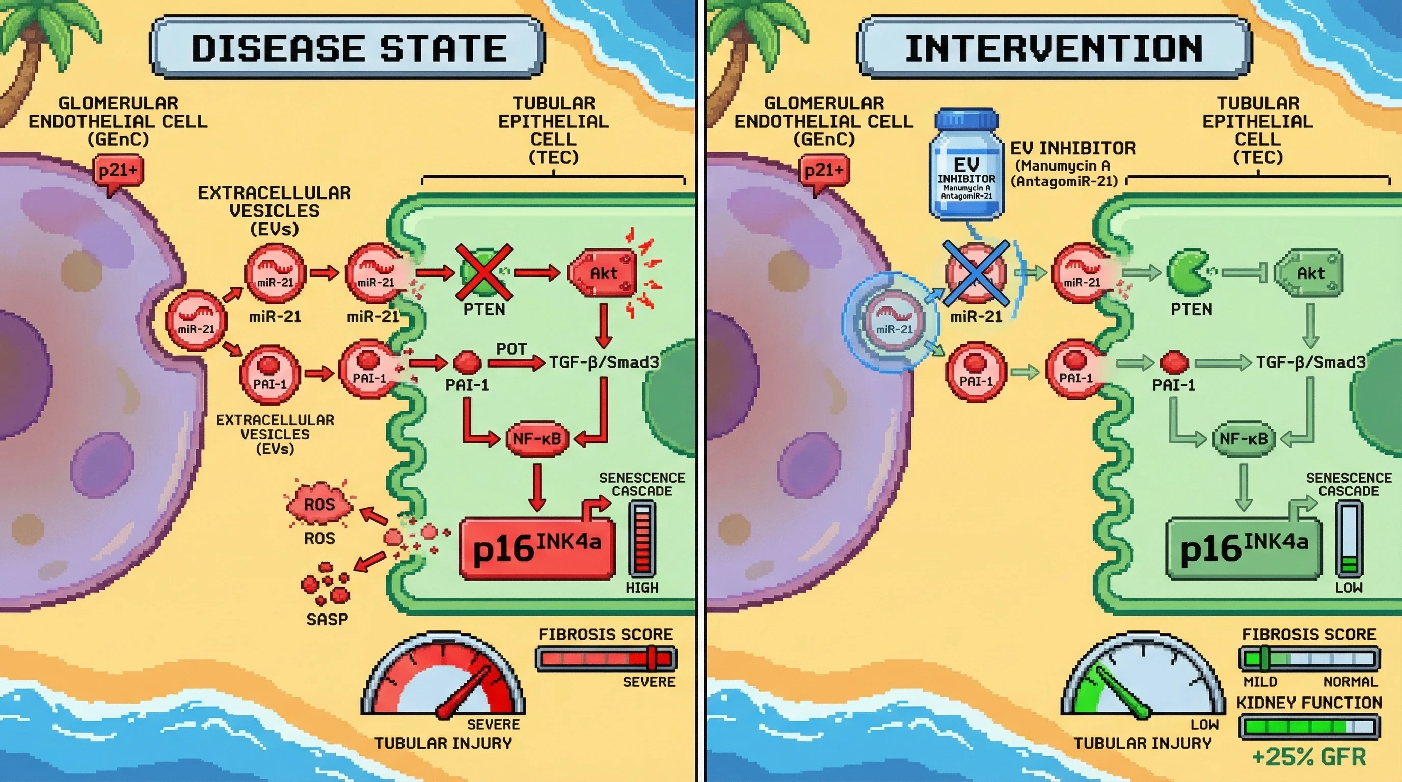Infographic for: EV-mediated miR-21/PAI-1 transfer from senescent glomerular endothelium drives tubular p16INK4a-dependent senescence and fibrosis