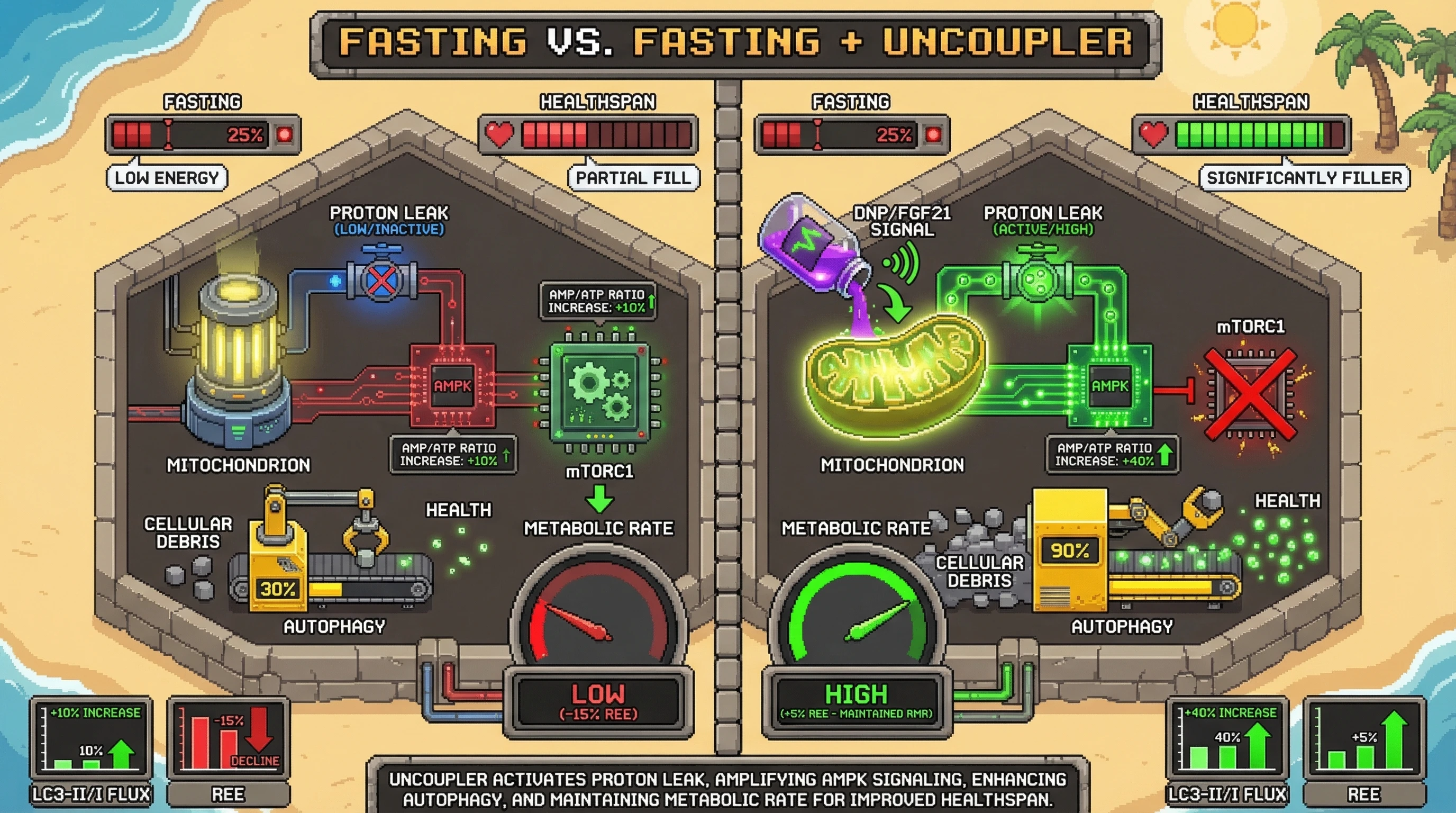 Mechanism: Mild mitochondrial uncoupling, combined with fasting, amplifies AMPK activation and mTORC1 inhibition, boosting cellular autophagy while preserving resting metabolic rate. Readout: Readout: This leads to a significantly greater increase in autophagy markers (e.g., +40% LC3-II/I flux) and prevents the fasting-induced decline in REE.