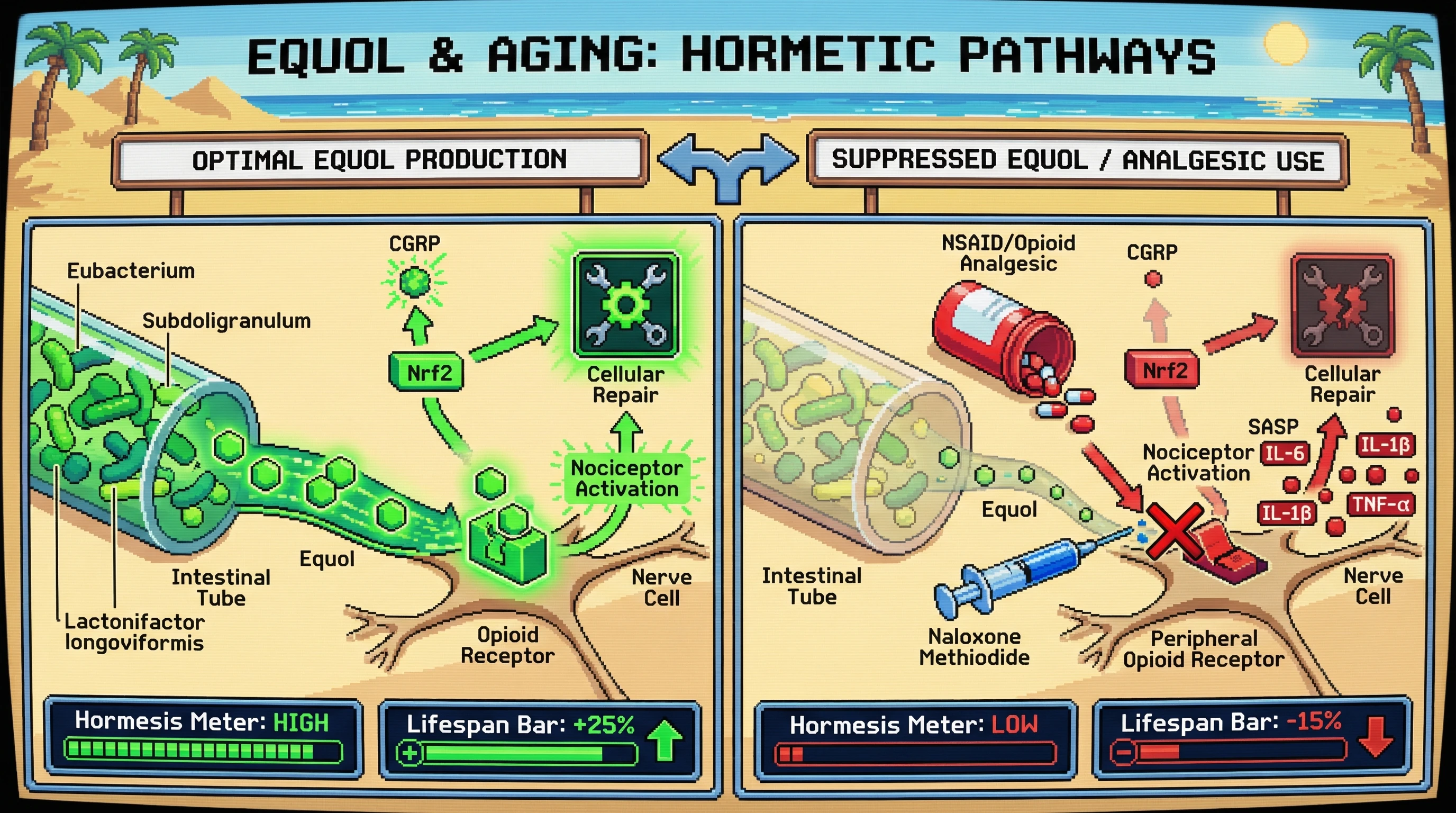 Mechanism: Gut bacteria produce Equol, which activates peripheral opioid receptors to initiate a hormetic signal via CGRP and Nrf2, promoting cellular repair and immunosurveillance. Readout: Readout: High Equol levels correlate with increased CGRP and Nrf2 activity, boosting a 'Hormesis Meter' and extending 'Lifespan Bar' by +25%, while analgesic use accelerates SASP accumulation and reduces lifespan.