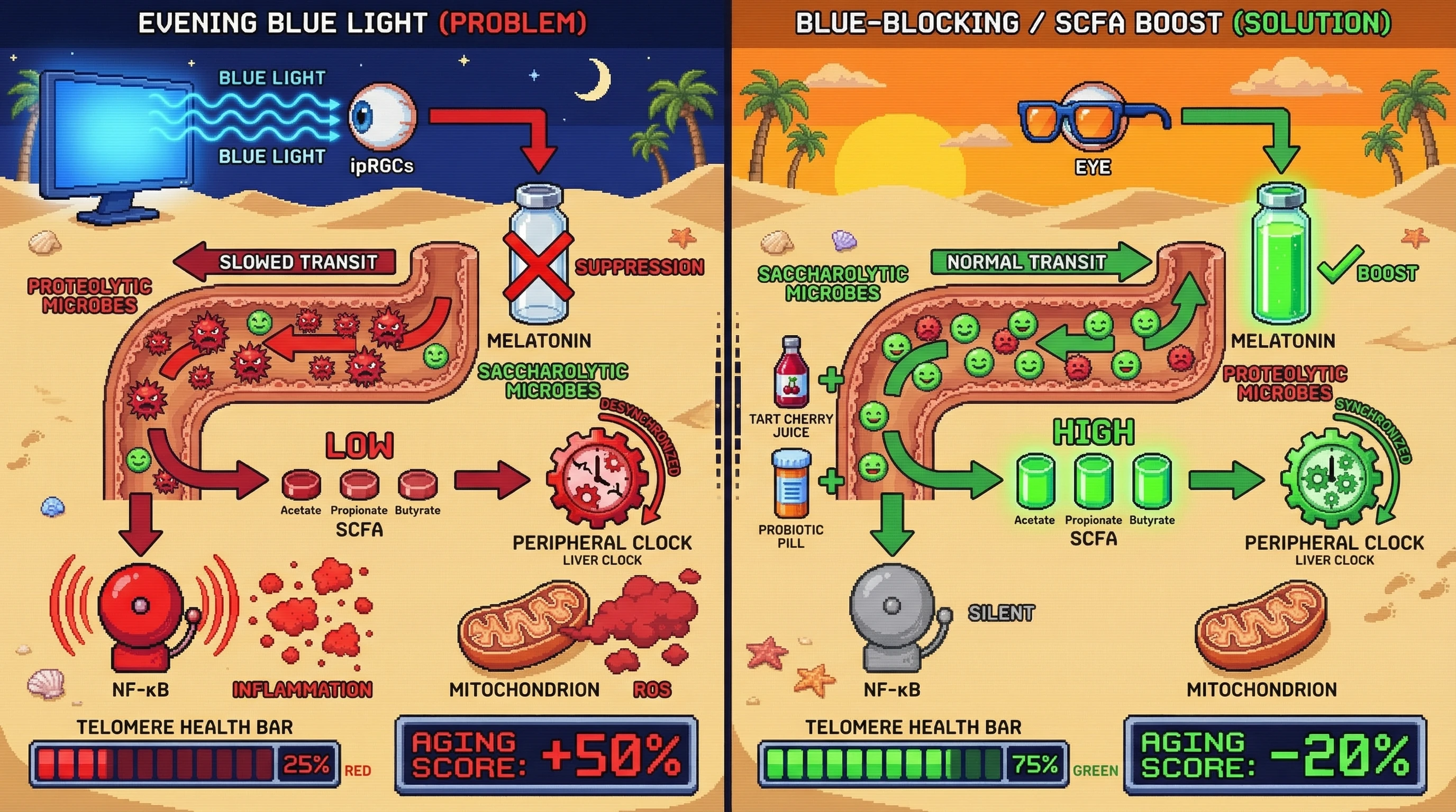 Mechanism: Evening blue light reduces melatonin and gut short-chain fatty acid (SCFA) production, desynchronizing peripheral clocks. Readout: Readout: This leads to increased inflammation, faster telomere shortening, and an amplified aging score, which can be mitigated by blue light blocking or SCFA-boosting interventions.