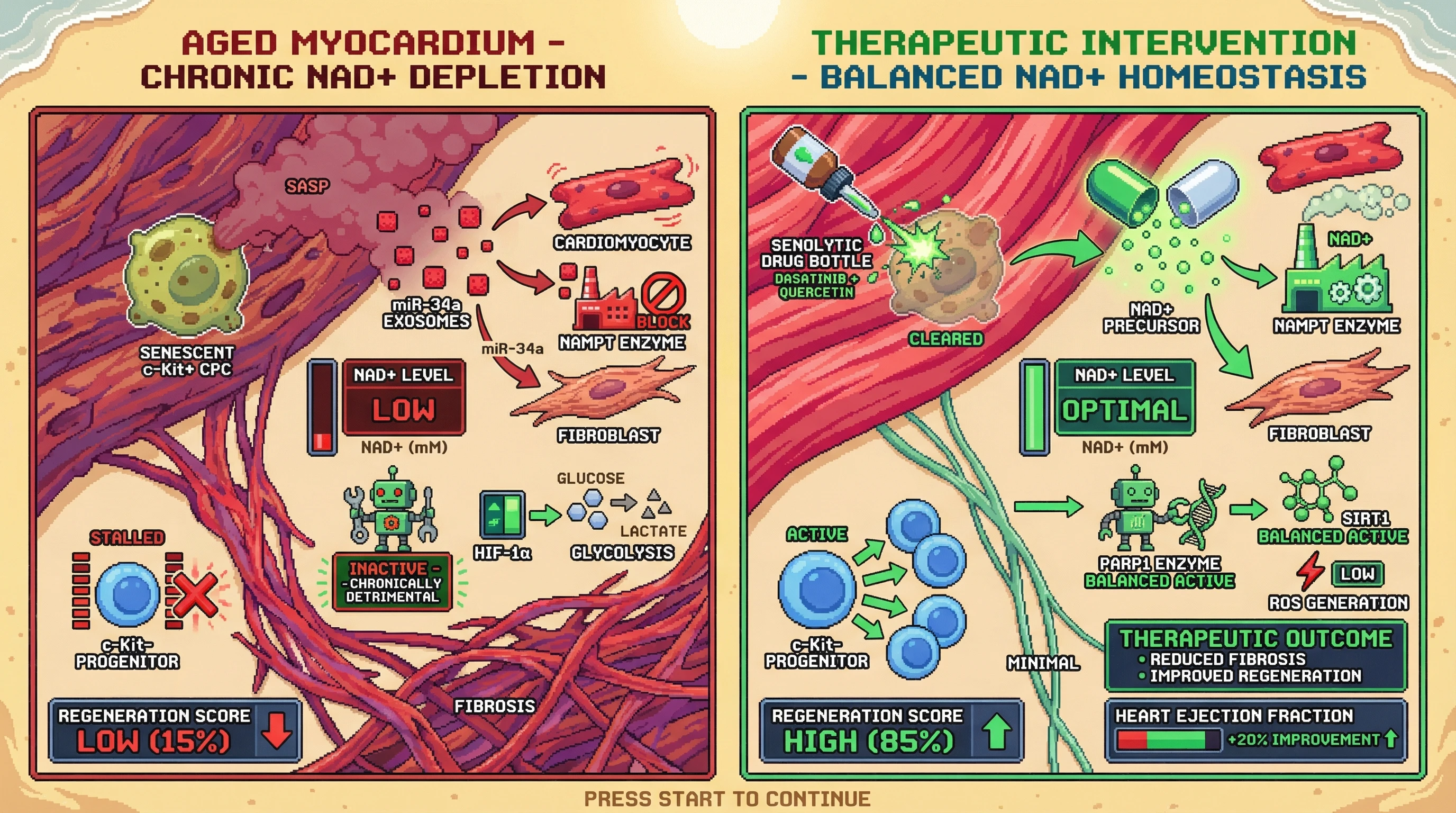 Mechanism: Senescent c-Kit+ cardiac progenitor cells release miR-34a exosomes, suppressing NAMPT and chronically depleting NAD+, which impairs myocardial regeneration and promotes maladaptive fibrosis. Readout: Readout: Senolytic treatment combined with NMN restores NAD+ homeostasis, leading to reduced fibrosis, improved regeneration score (85%), and a +20% improvement in heart ejection fraction.