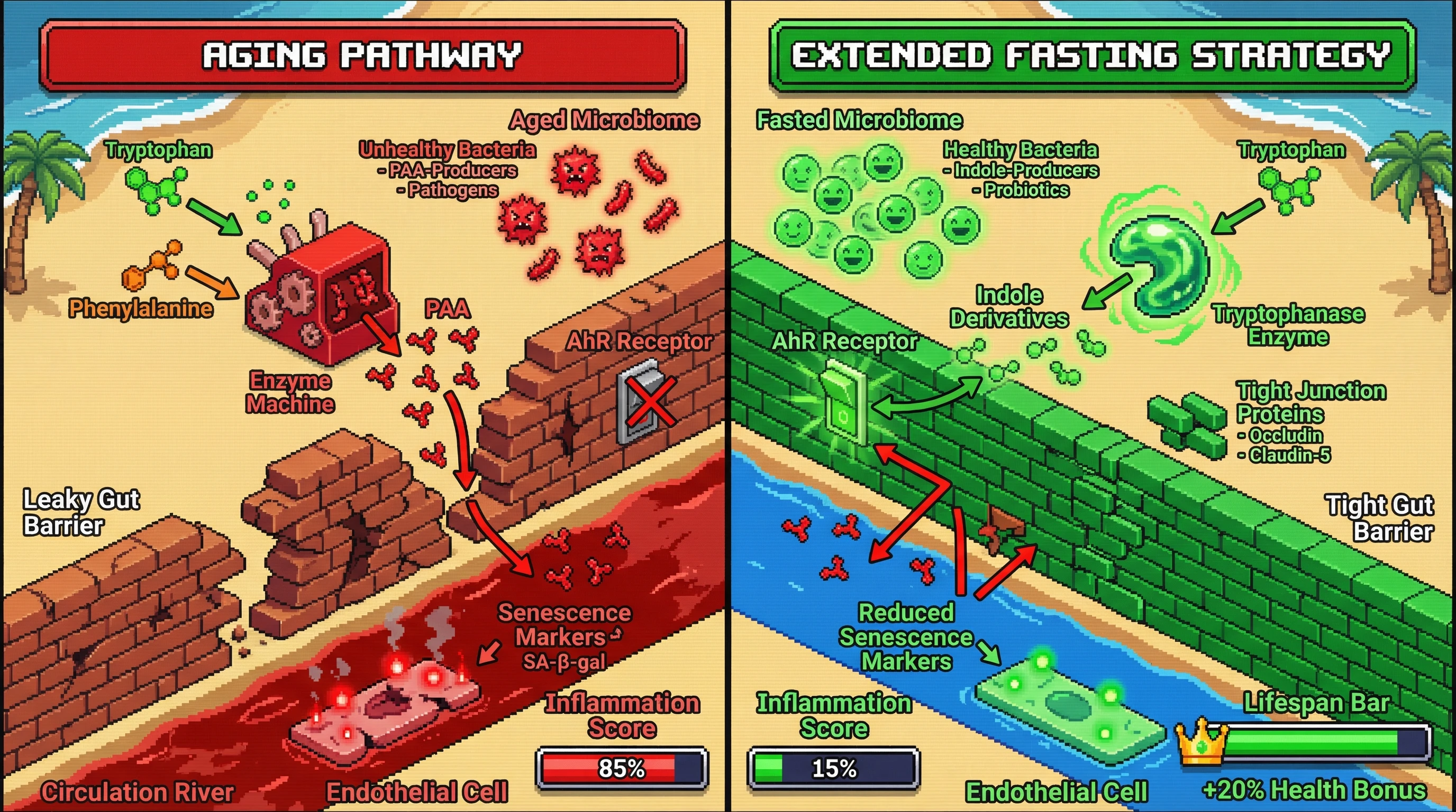 Infographic for: Extended fasting shifts microbial tryptophan metabolism to inhibit phenylacetic acid–mediated endothelial senescence via aryl hydrocarbon receptor–dependent gut barrier reinforcement