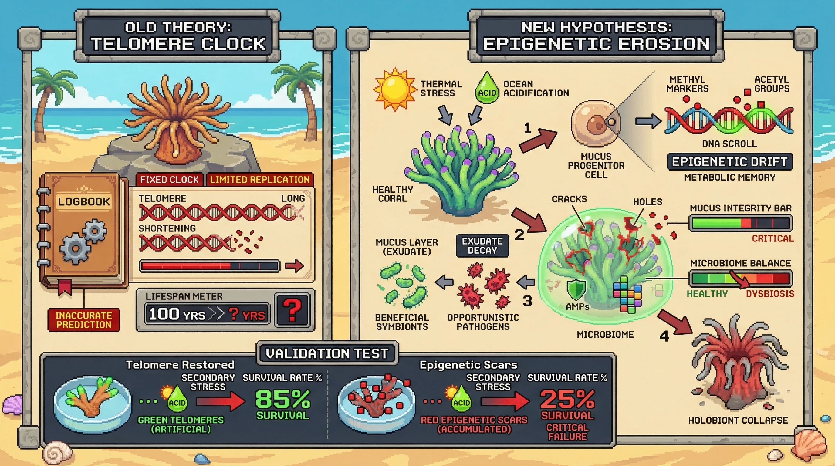 Mechanism: Thermal stress and ocean acidification cause epigenetic drift in coral mucocyte progenitor cells, leading to degradation of the protective mucus barrier. Readout: Readout: This results in microbiome destabilization and holobiont collapse, better predicting mortality than telomere length during repeated stress cycles.