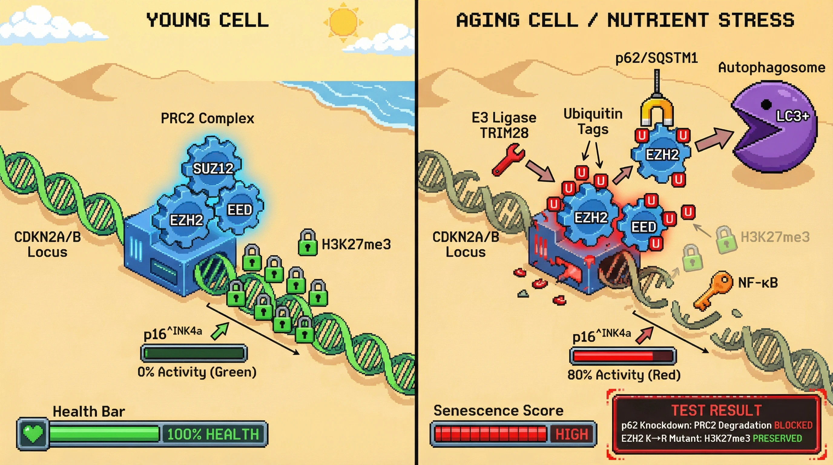 Mechanism: Autophagic degradation of PRC2 subunits (EZH2, SUZ12, EED) in aging cells removes repressive H3K27me3 marks, activating the CDKN2A/B locus and inducing p16^INK4a. Readout: Readout: This process leads to high p16^INK4a activity and increased senescence, which can be blocked by p62 knockdown or EZH2 mutation.