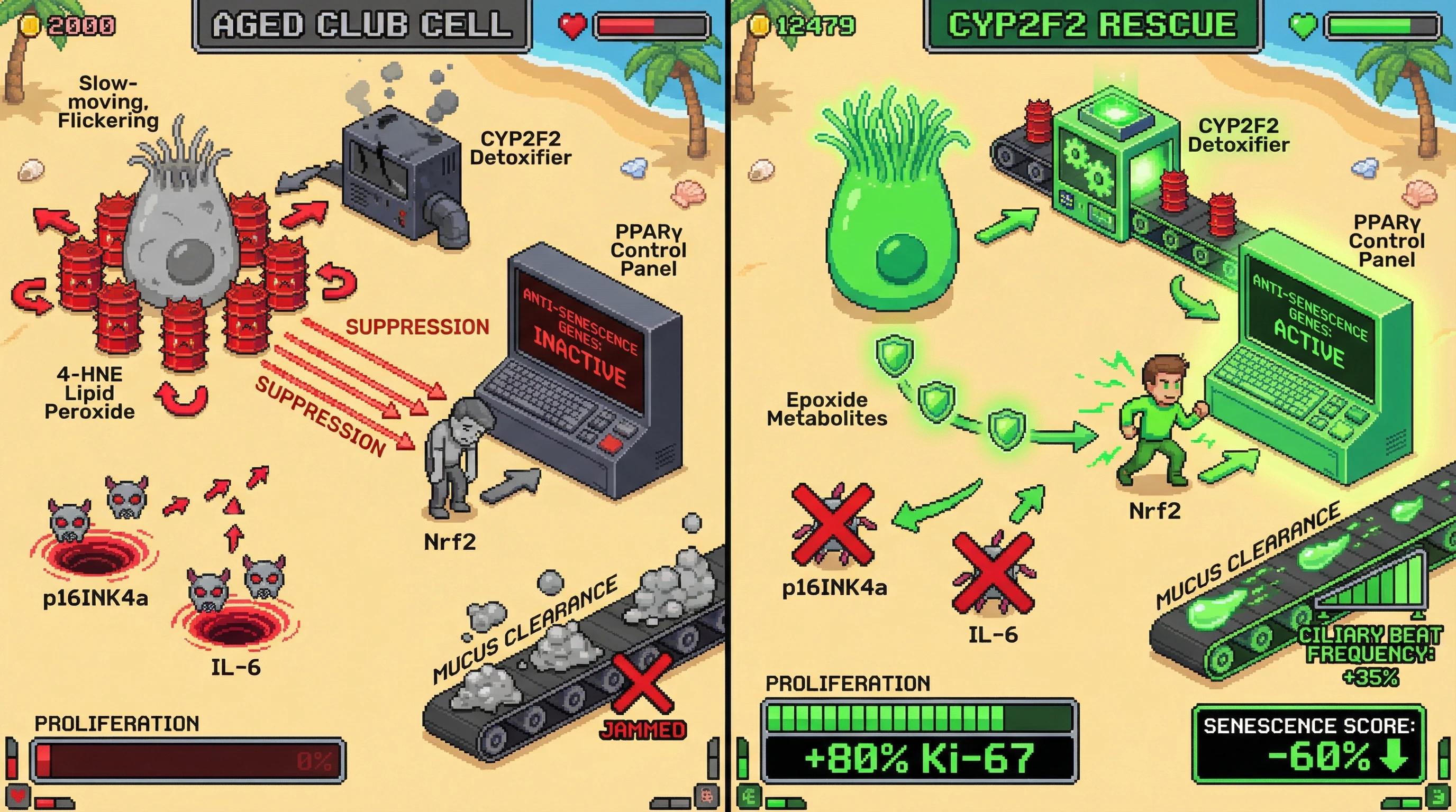 Mechanism: Restoring CYP2F2 in aged club cells detoxifies lipid peroxides and reactivates the Nrf2-PPARγ pathway, reducing senescence markers. Readout: Readout: Club cell proliferation increases by 80%, ciliary beat frequency improves by 35%, and the overall senescence score decreases by 60%.